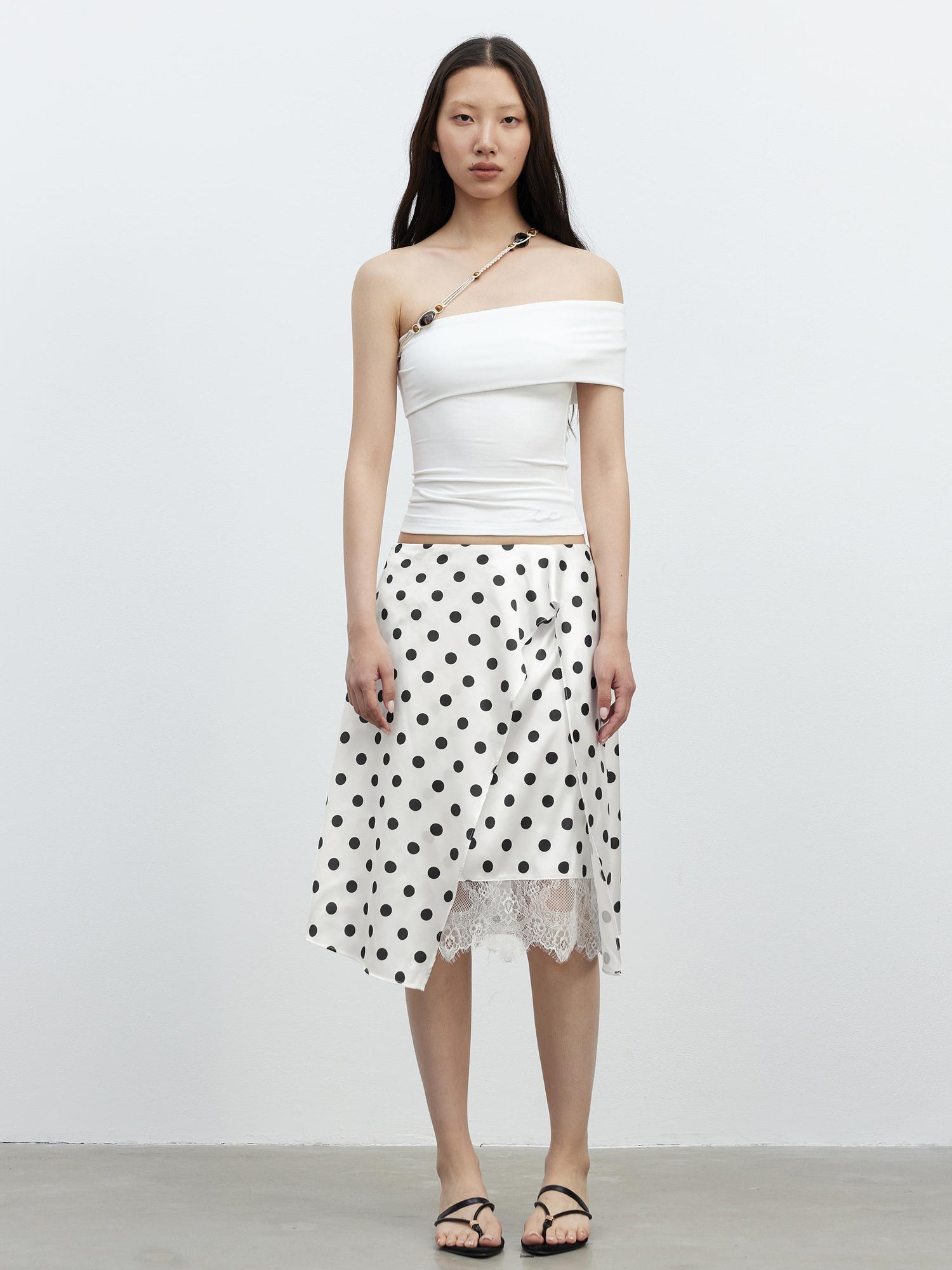 AFTADAWN Satin Dot Lace Asymmetrical Skirt
