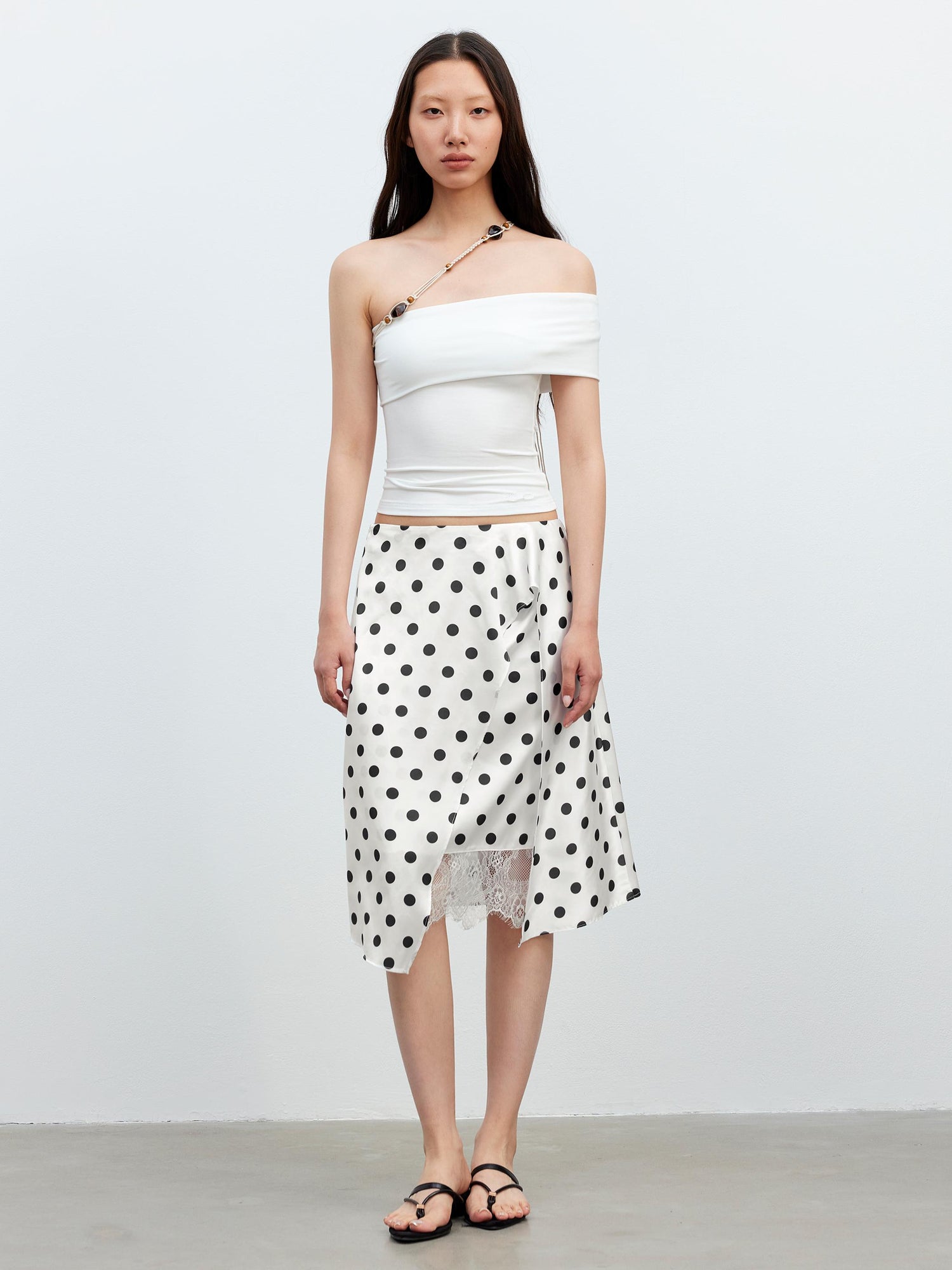 AFTADAWN Satin Dot Lace Asymmetrical Skirt