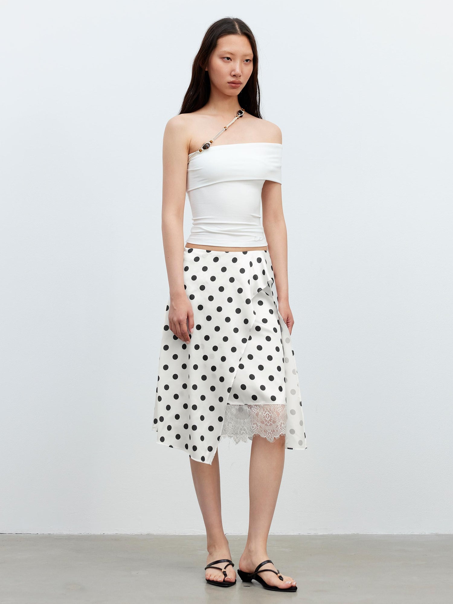 AFTADAWN Satin Dot Lace Asymmetrical Skirt