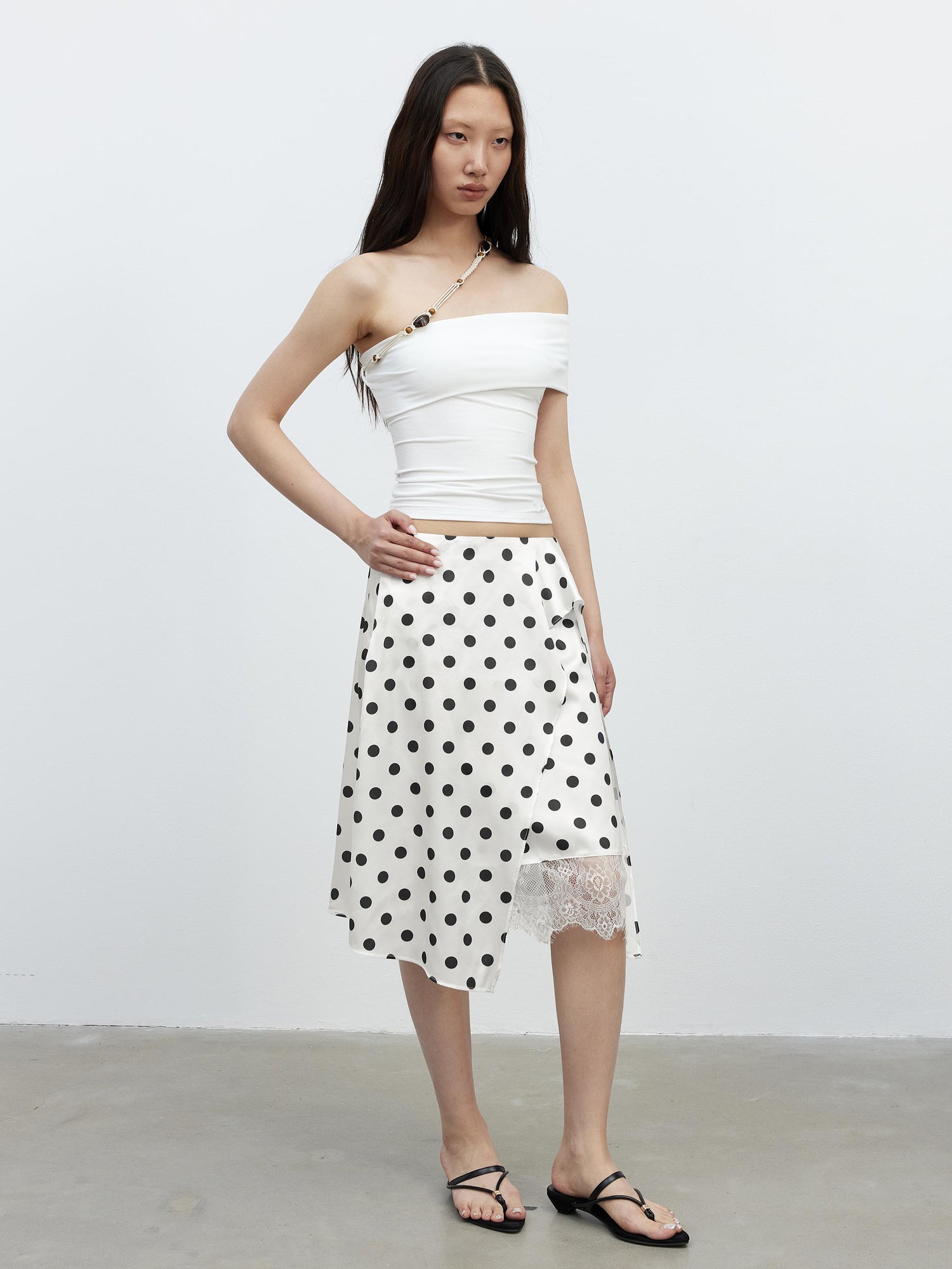AFTADAWN Satin Dot Lace Asymmetrical Skirt