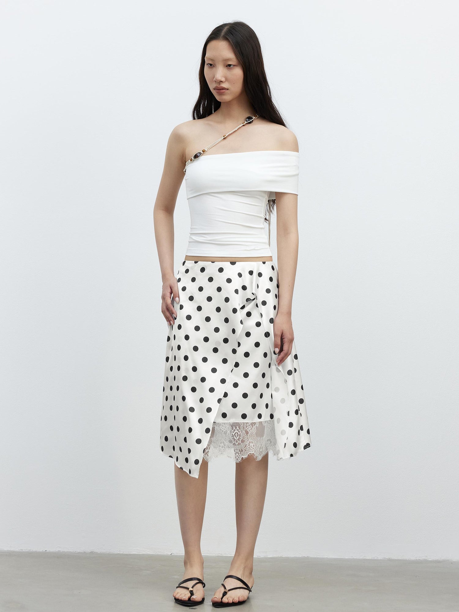 AFTADAWN Satin Dot Lace Asymmetrical Skirt