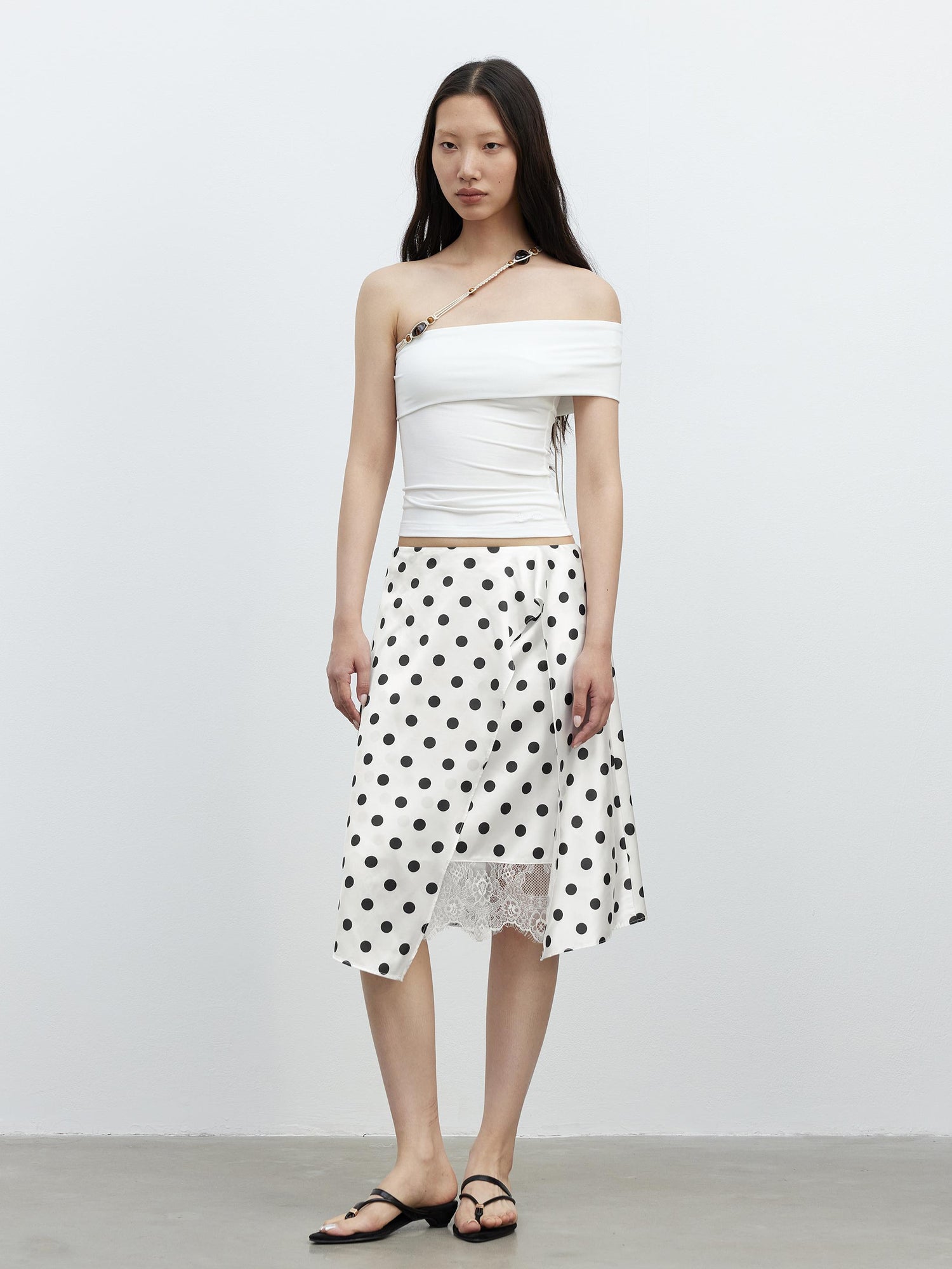 AFTADAWN Satin Dot Lace Asymmetrical Skirt