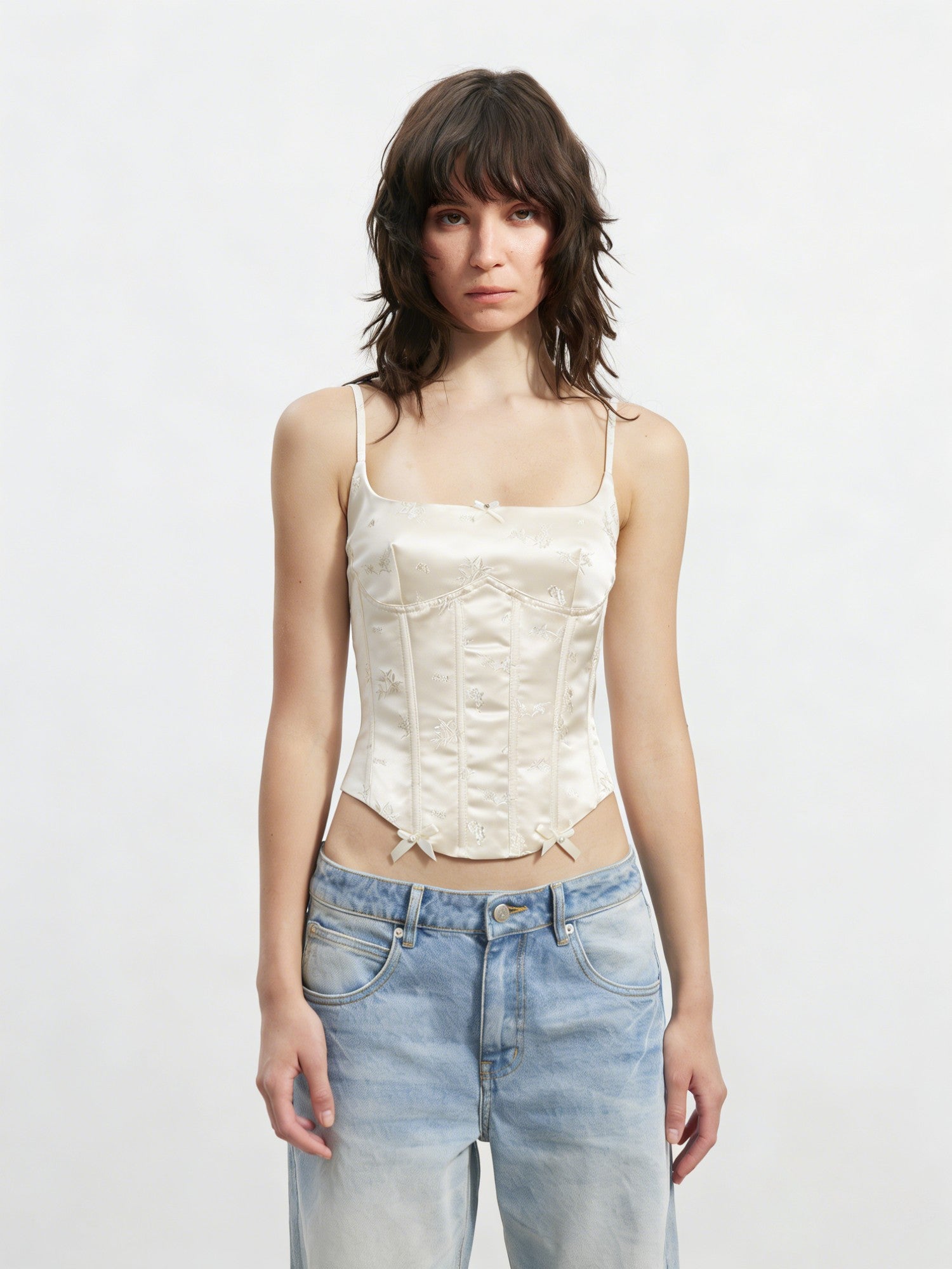 AFTADAWN Satin Embroidered Boned Waist Asymmetric Floral Women&
