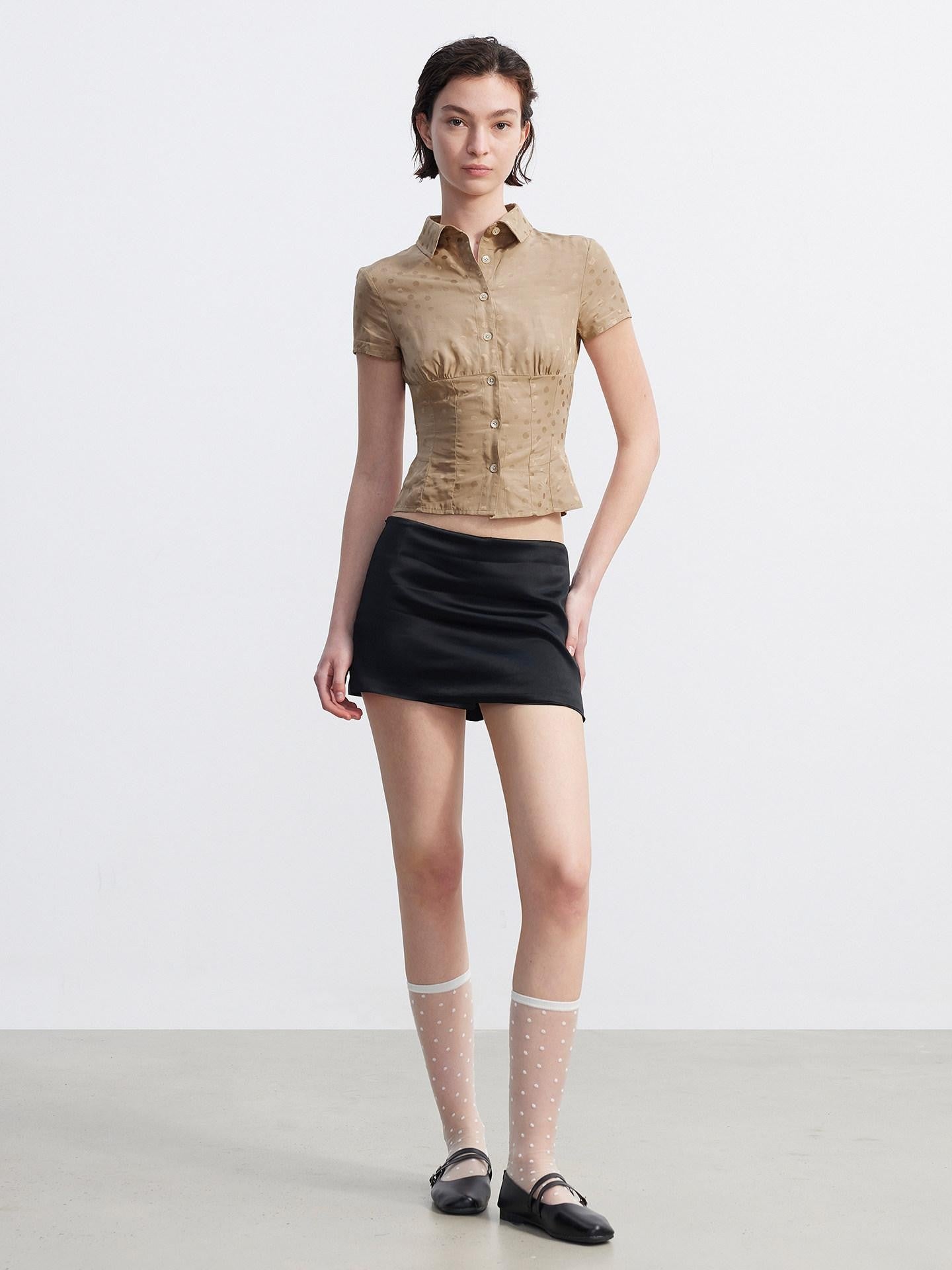 AFTADAWN Satin Sheen Polka Dot Ruched Collar Waist Cinch Women&