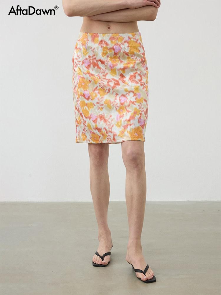 AFTADAWN Sequin Floral Print Low Waist A Line Women&