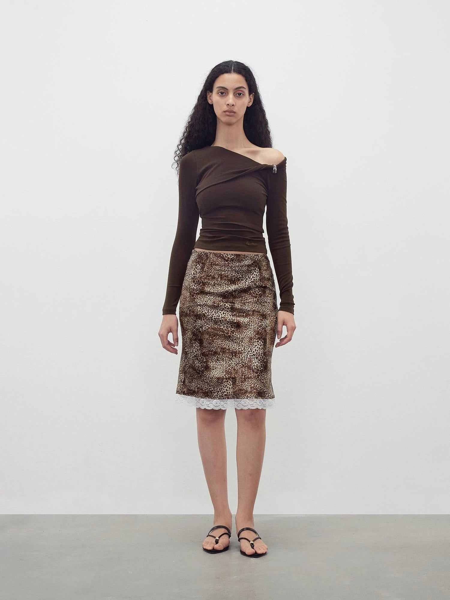 Sequin Leopard Print Lace Trim Midi Skirt