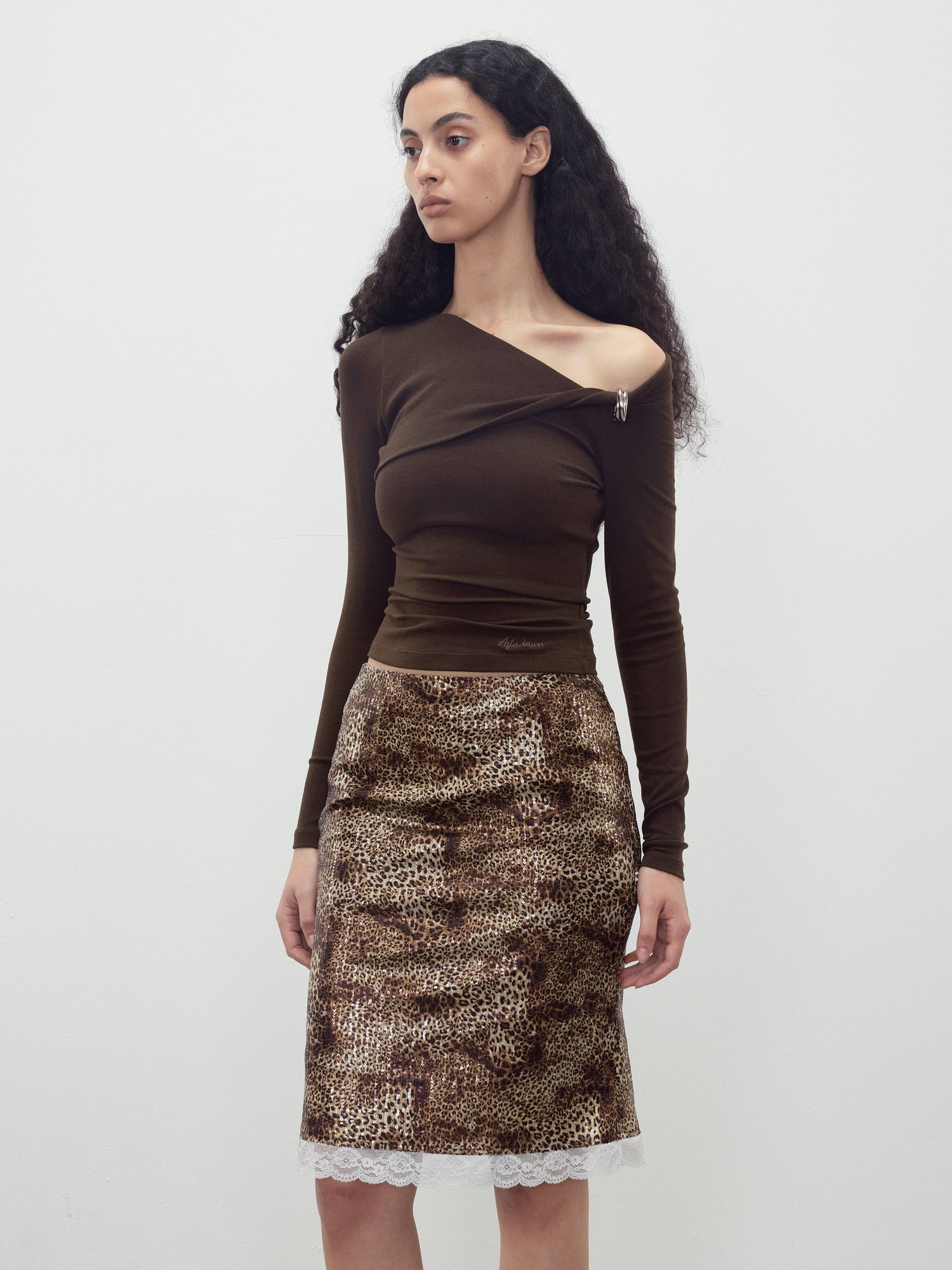 AFTADAWN Sequin Leopard Print Lace Trim Midi Skirt