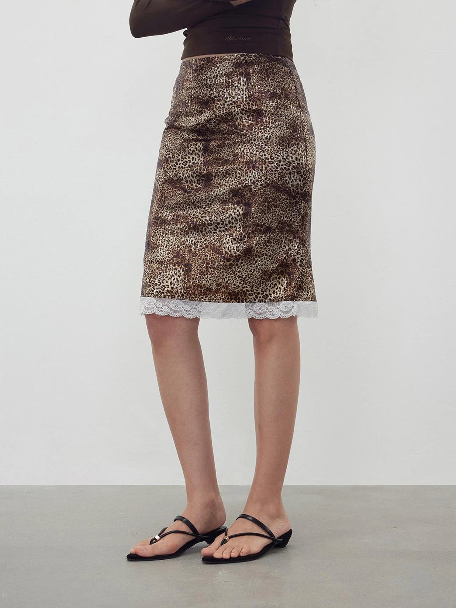 Sequin Leopard Print Lace Trim Midi Skirt