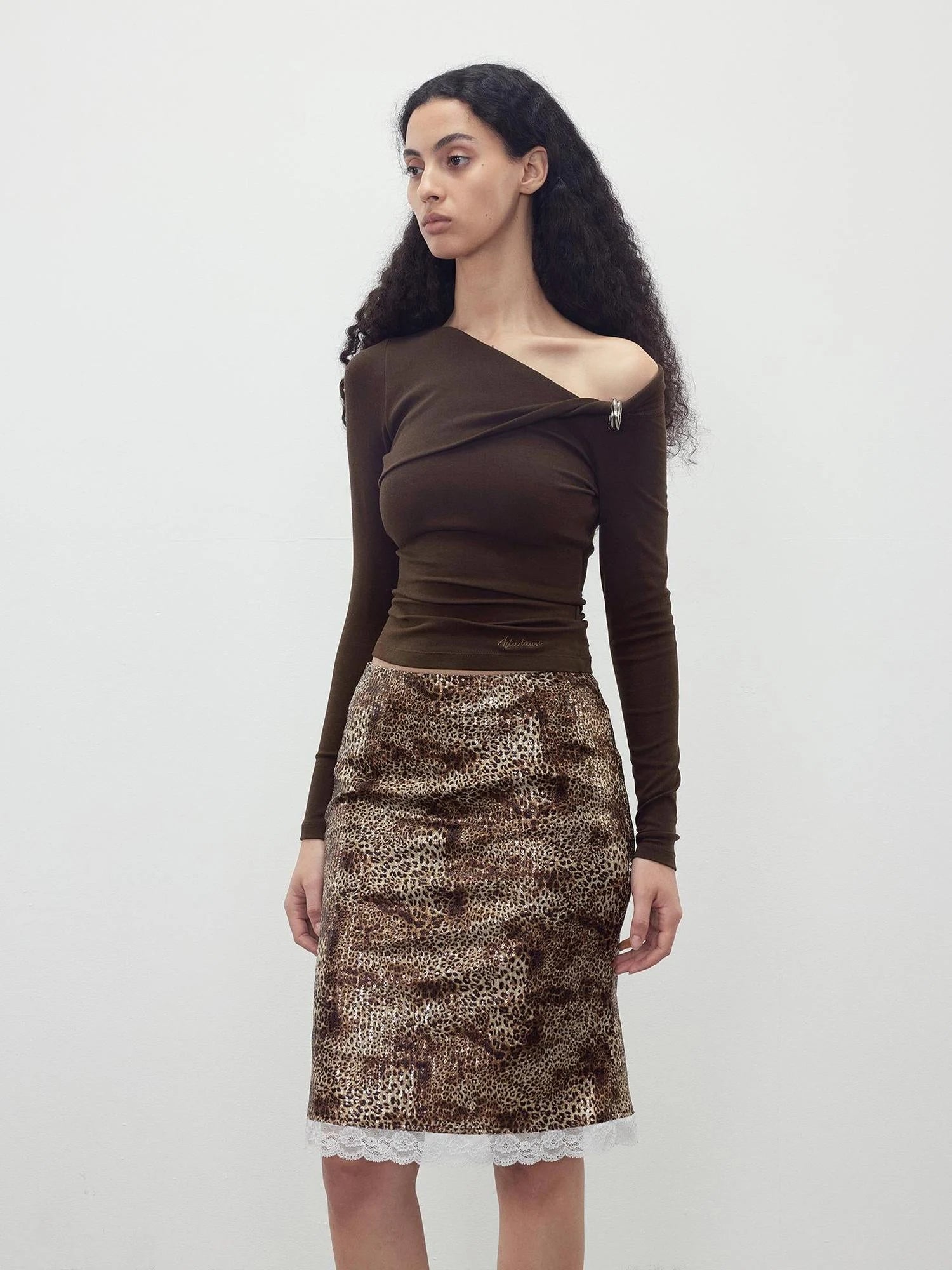 Sequin Leopard Print Lace Trim Midi Skirt