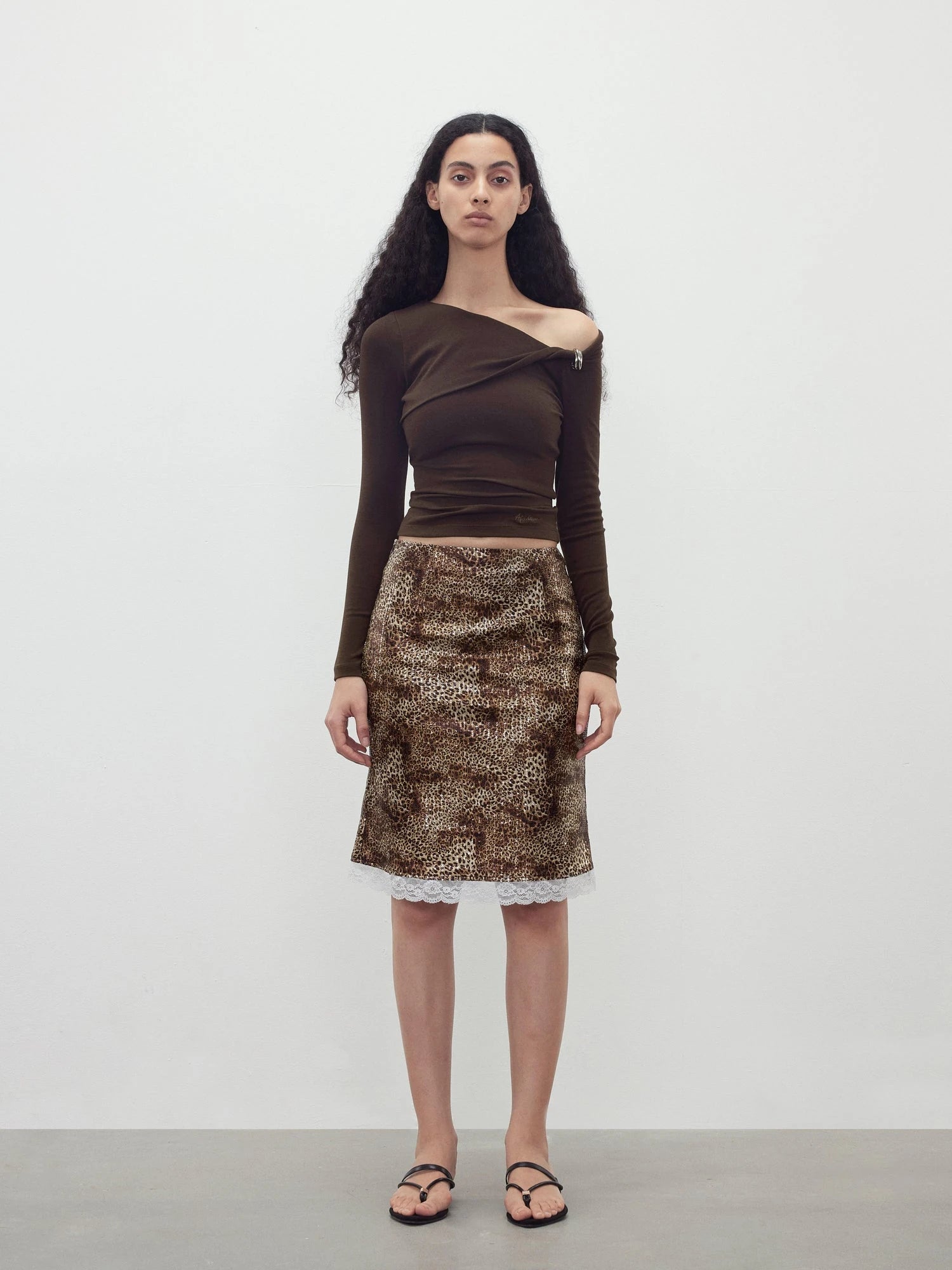 Sequin Leopard Print Lace Trim Midi Skirt