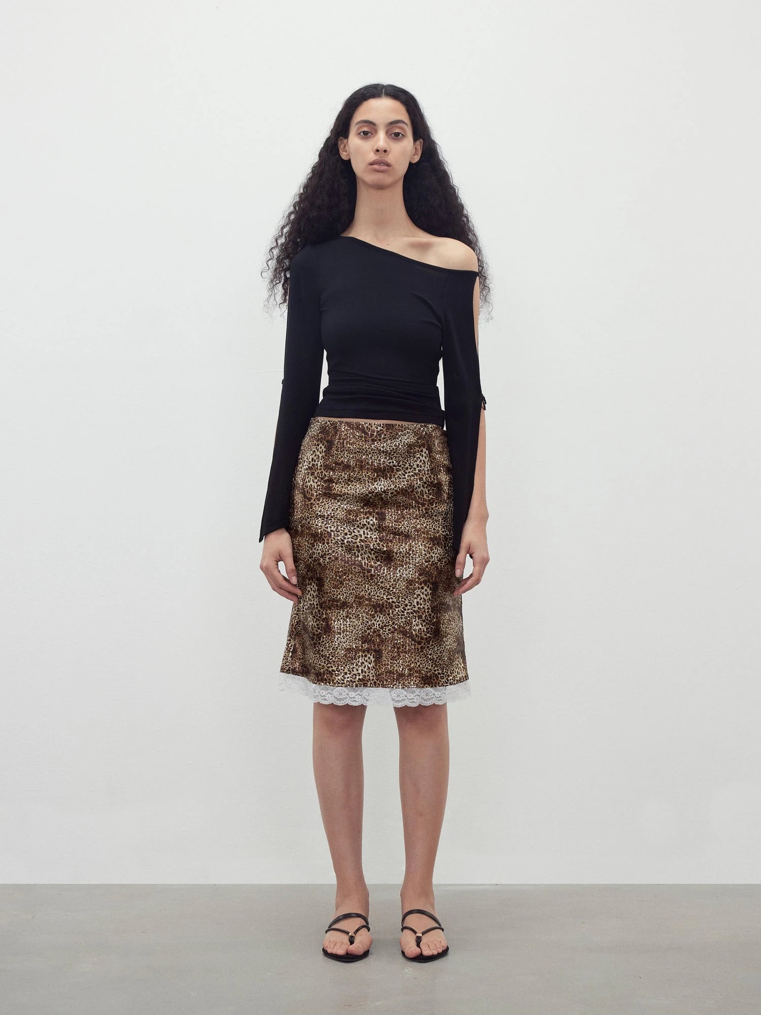 Sequin Leopard Print Lace Trim Midi Skirt