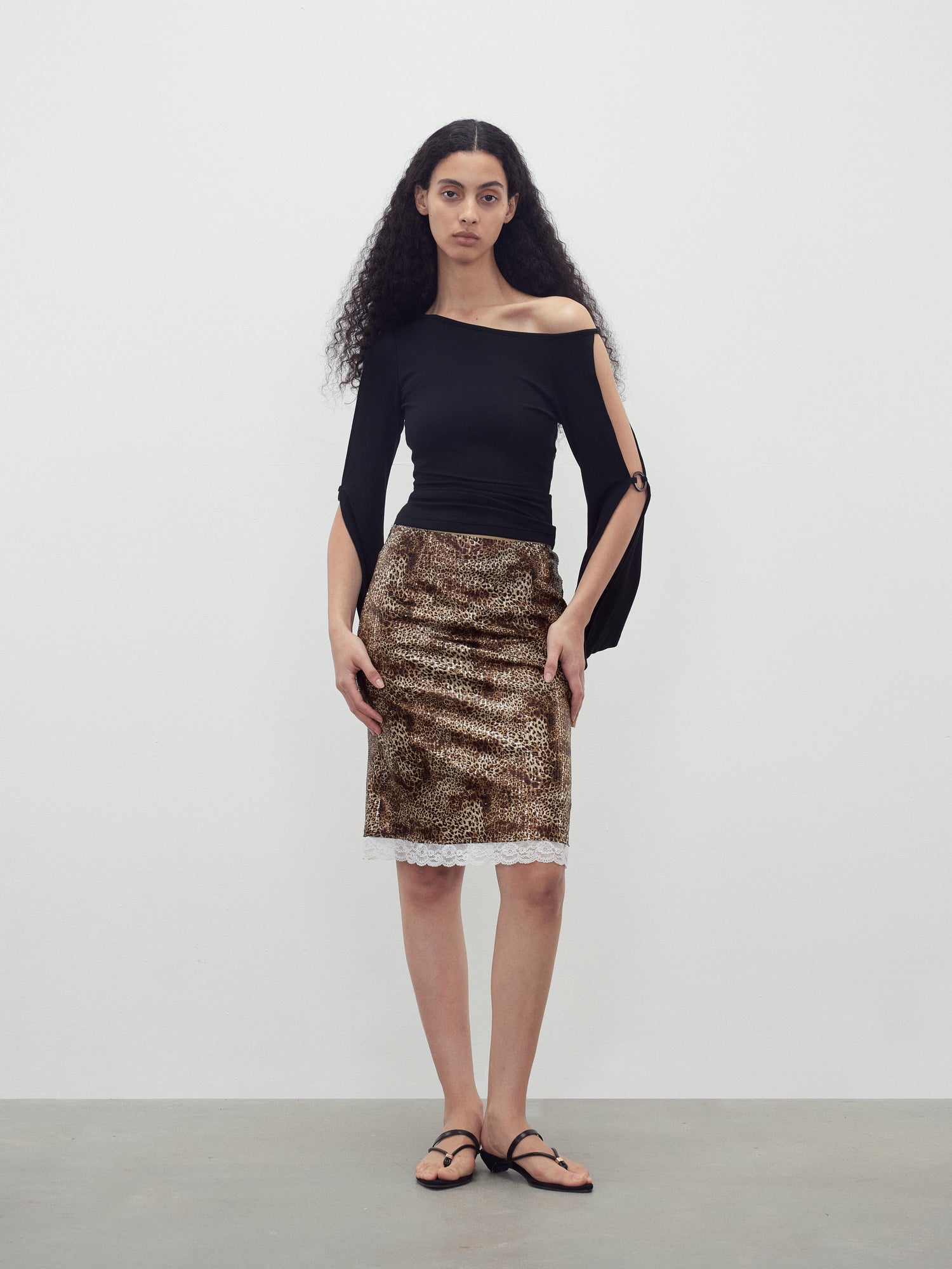 AFTADAWN Sequin Leopard Print Lace Trim Midi Skirt