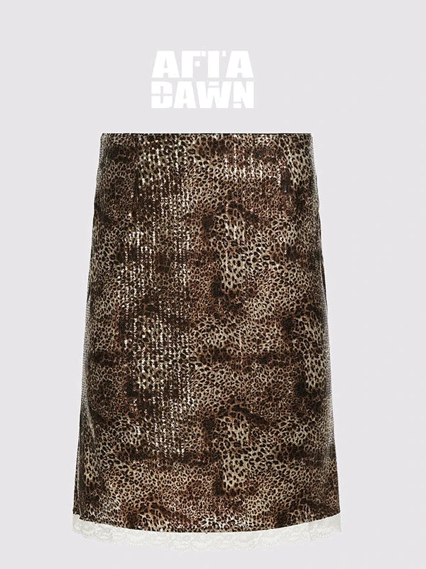 Sequin Leopard Print Lace Trim Midi Skirt
