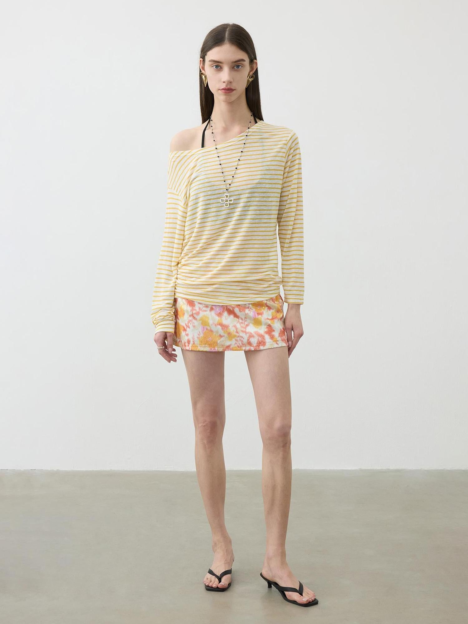 AFTADAWN Sequined Floral Print Low Waist A Line Mini Skirt with Safety Shorts