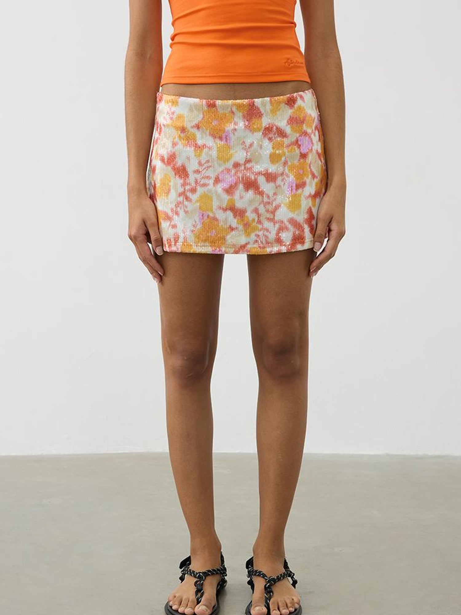 AFTADAWN Sequined Floral Print Low Waist A Line Mini Skirt with Safety Shorts