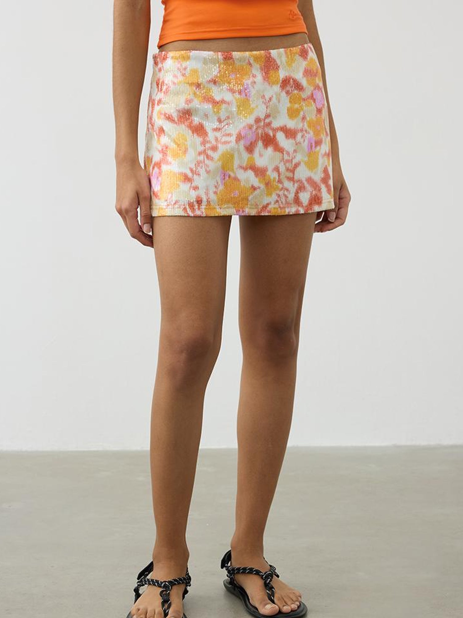 AFTADAWN Sequined Floral Print Low Waist A Line Mini Skirt with Safety Shorts