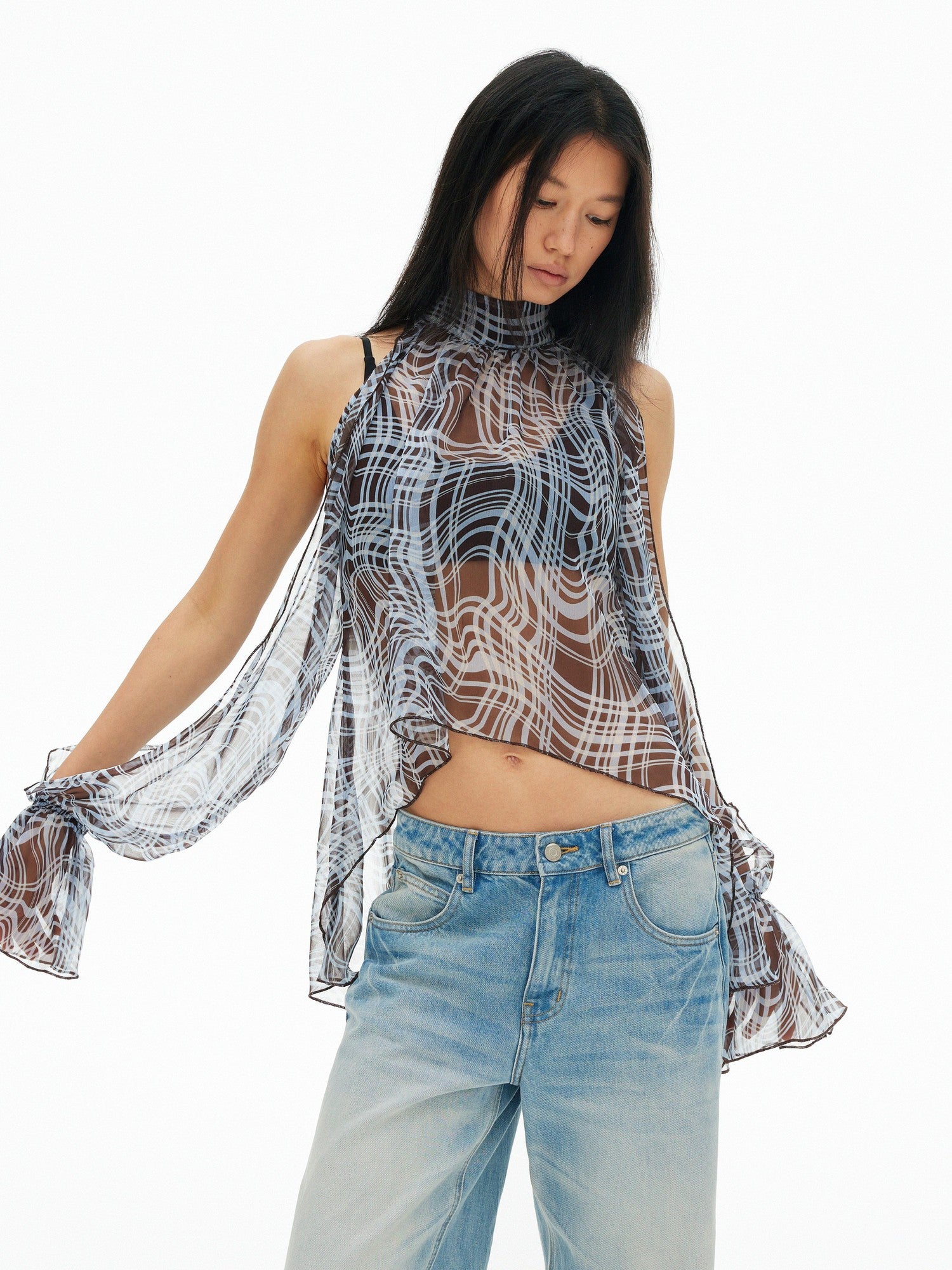 AFTADAWN Sheer Chiffon Twisted Plaid Cutout Ruffle Highneck Women&