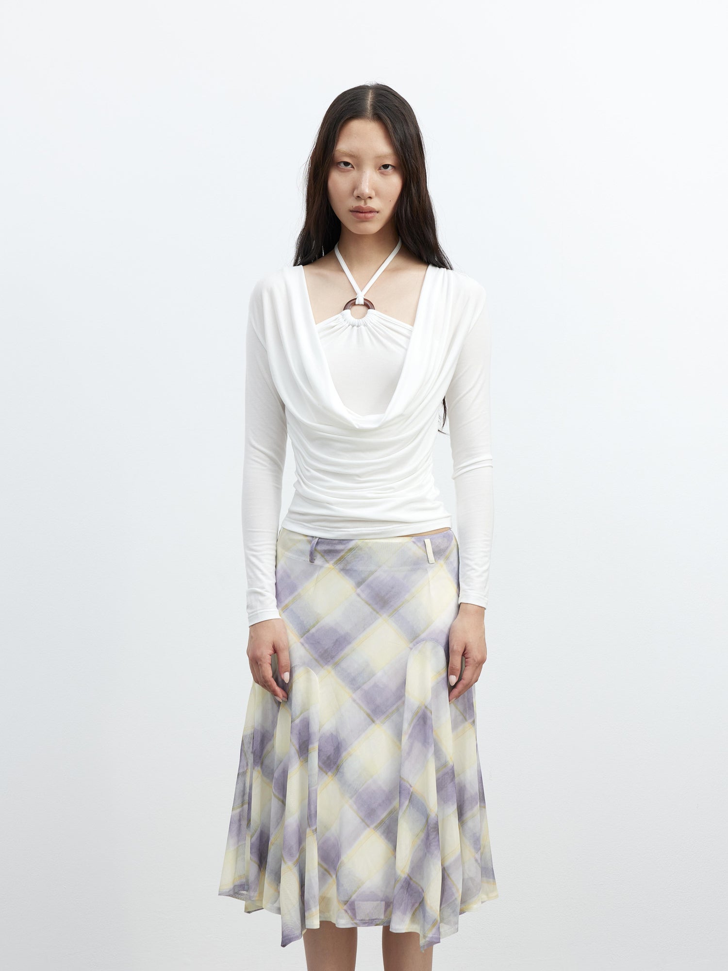 AFTADAWN Sheer Color Block Checkered Midi Skirt With Asymmetrical Hem