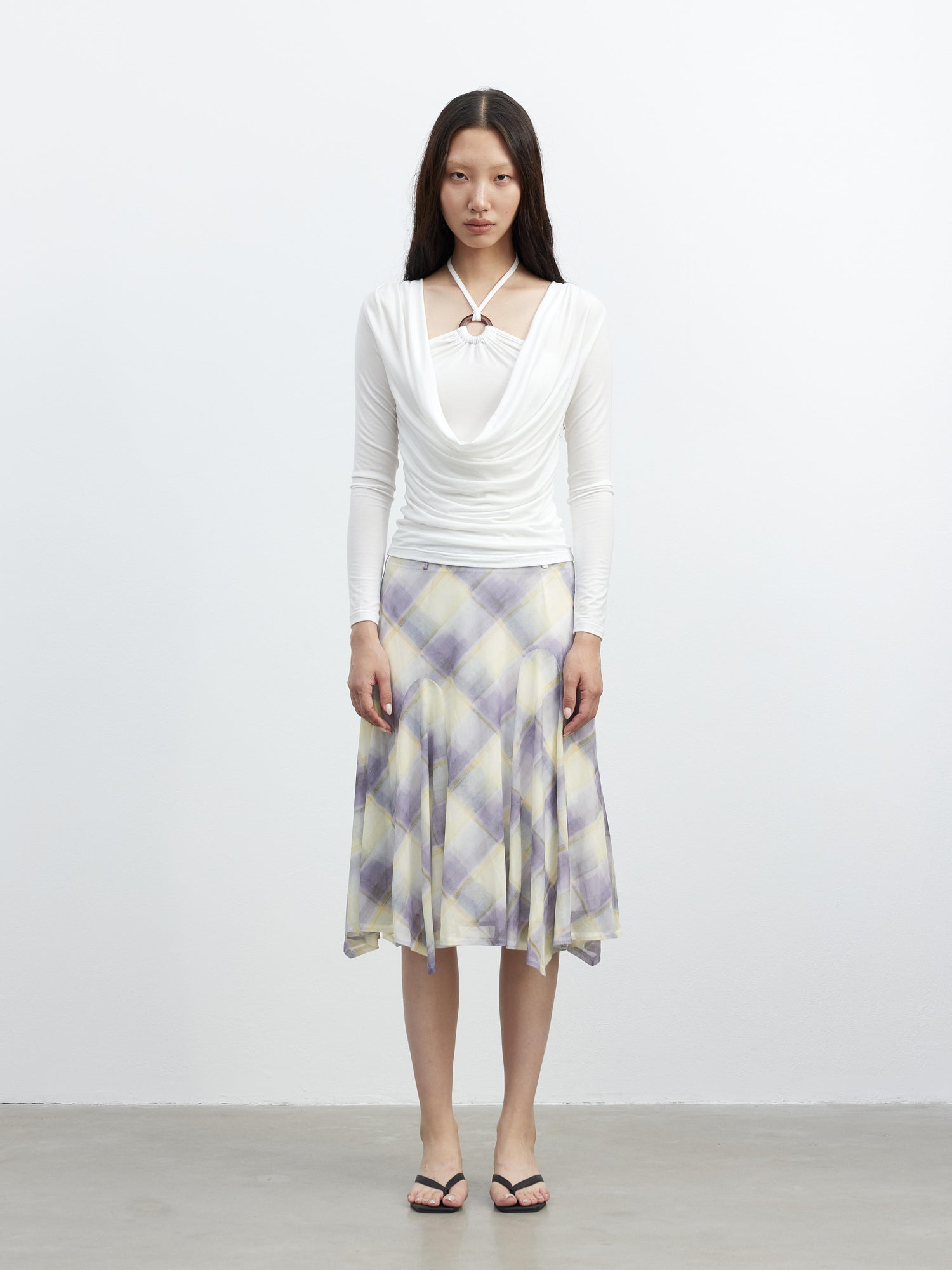 AFTADAWN Sheer Color Block Checkered Midi Skirt With Asymmetrical Hem