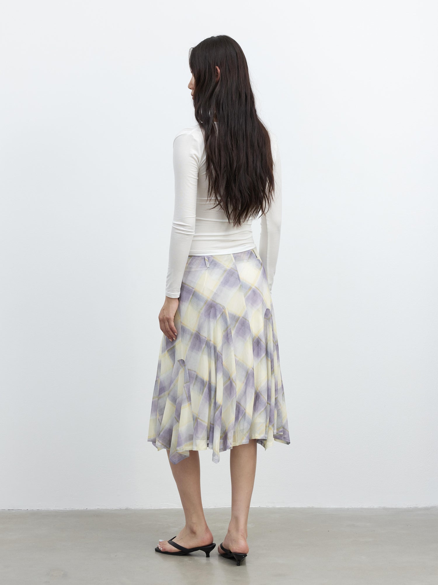 AFTADAWN Sheer Color Block Checkered Midi Skirt With Asymmetrical Hem