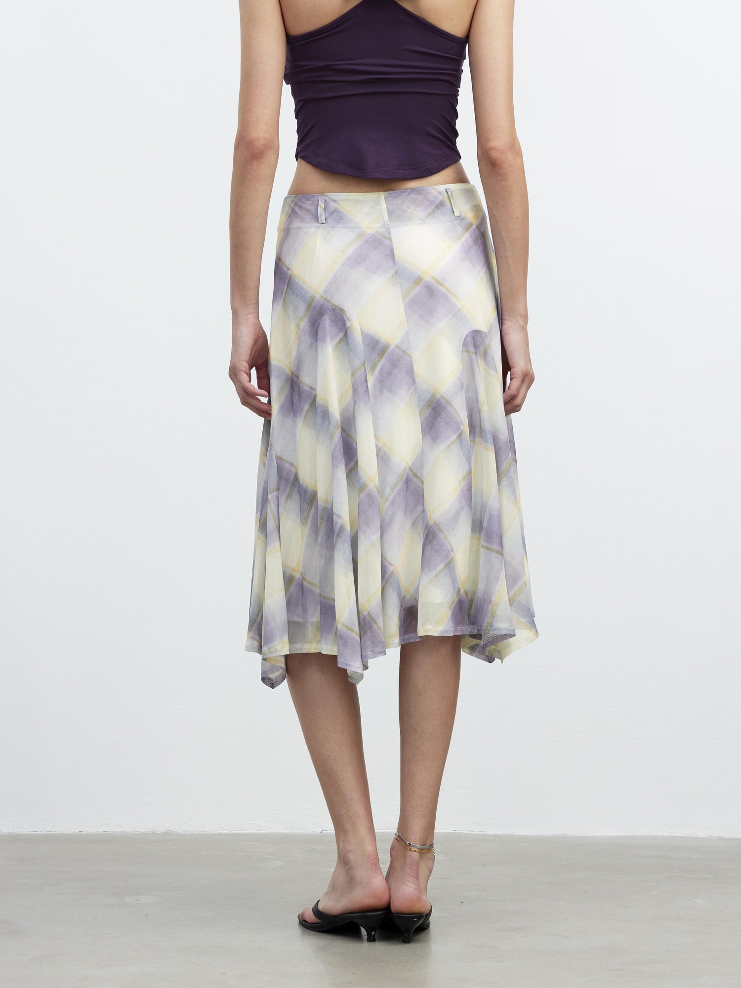 AFTADAWN Sheer Color Block Checkered Midi Skirt With Asymmetrical Hem