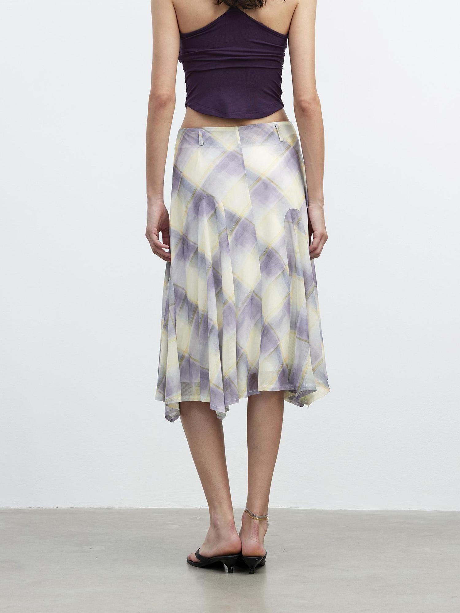 AFTADAWN Sheer Color Block Checkered Midi Skirt With Asymmetrical Hem
