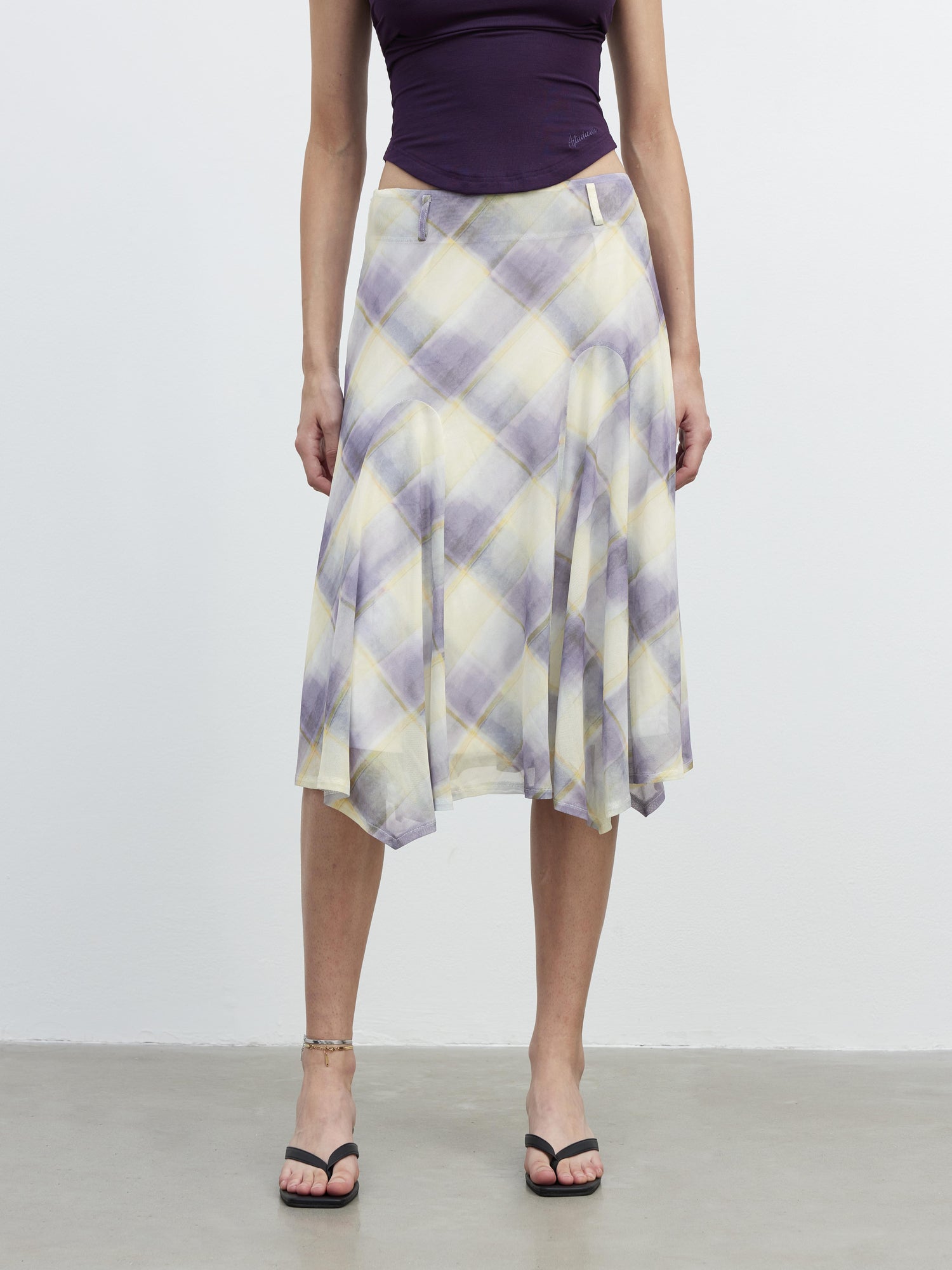 AFTADAWN Sheer Color Block Checkered Midi Skirt With Asymmetrical Hem
