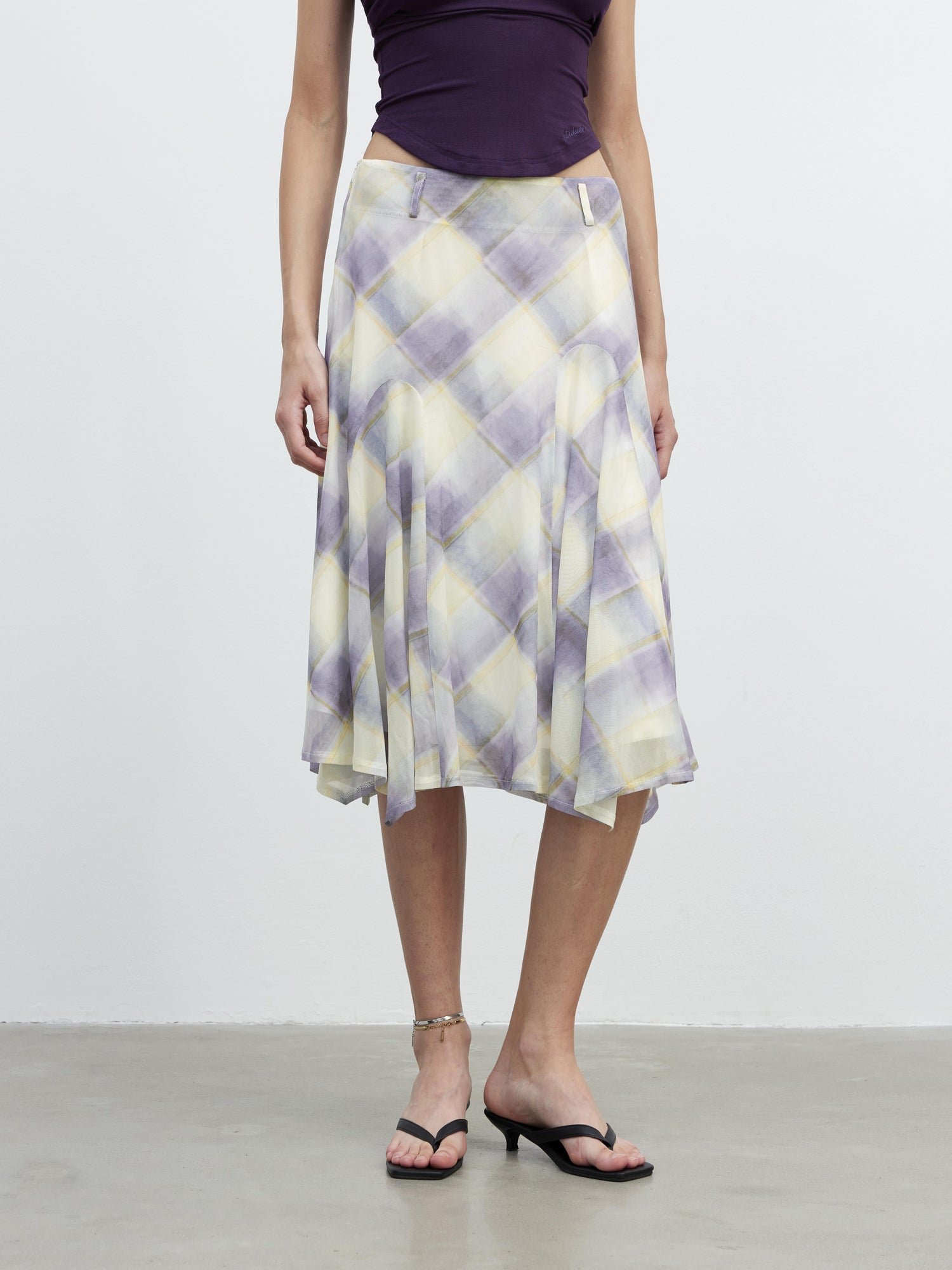 AFTADAWN Sheer Color Block Checkered Midi Skirt With Asymmetrical Hem