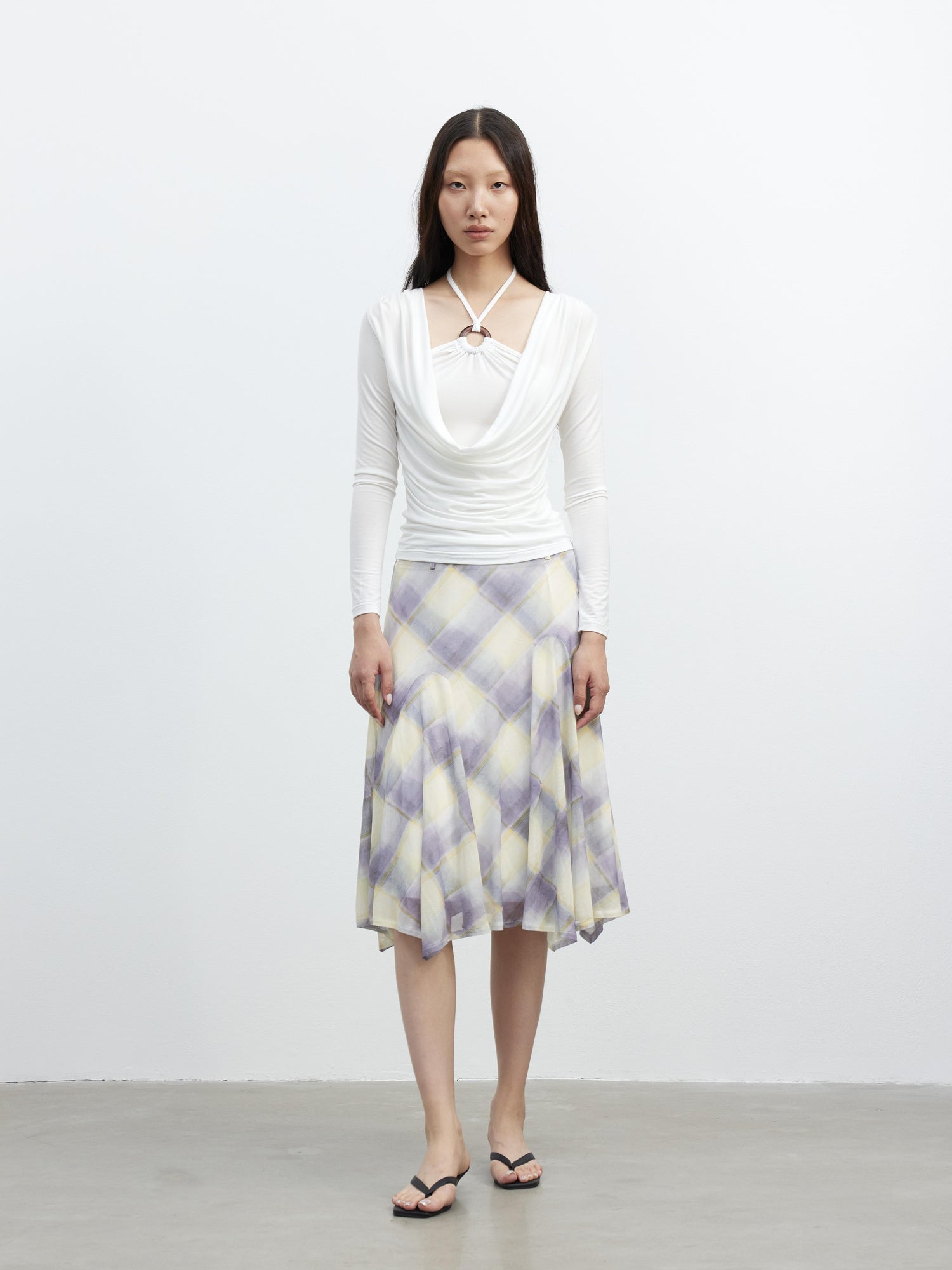 AFTADAWN Sheer Color Block Checkered Midi Skirt With Asymmetrical Hem