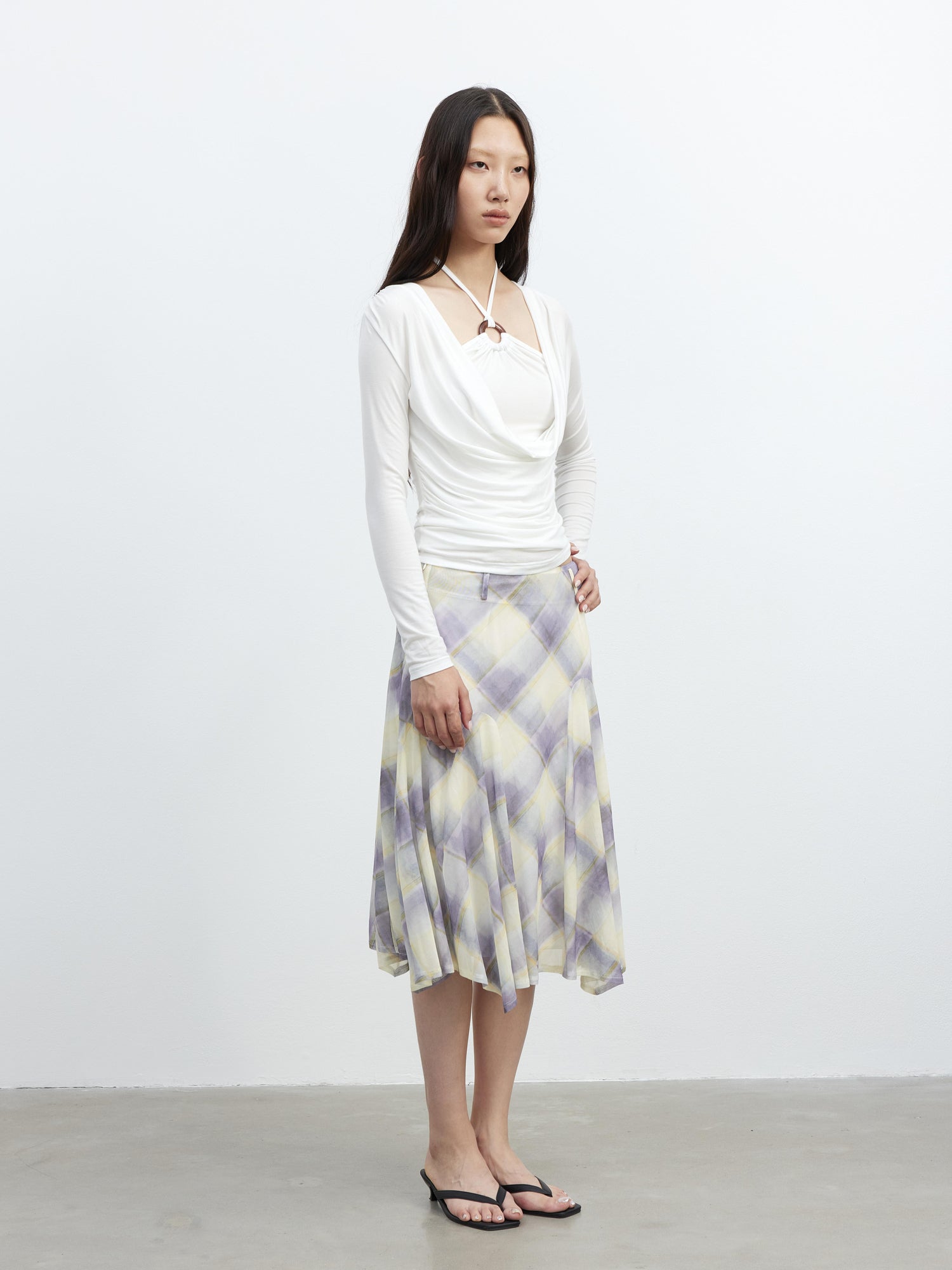 AFTADAWN Sheer Color Block Checkered Midi Skirt With Asymmetrical Hem