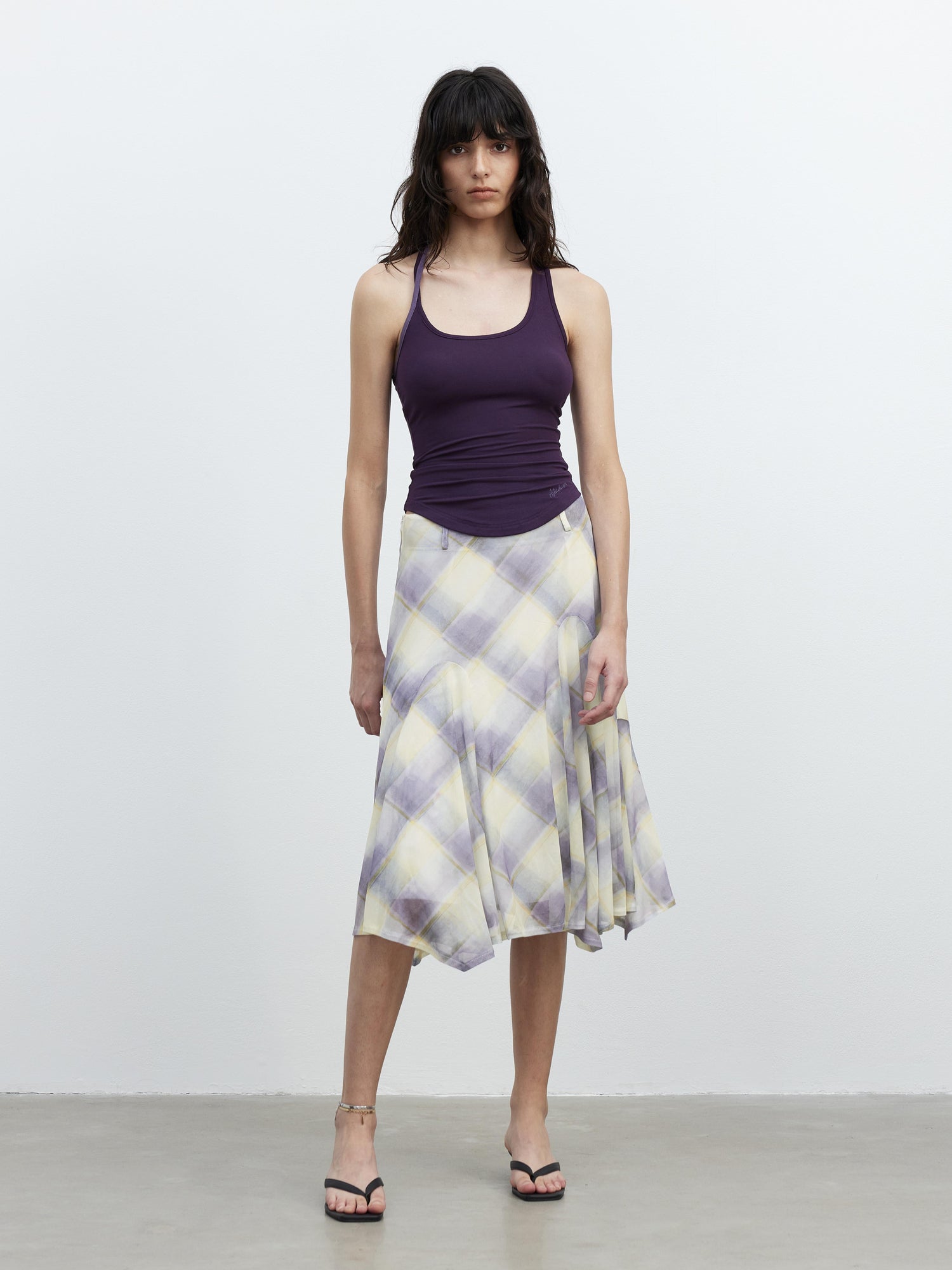 AFTADAWN Sheer Color Block Checkered Midi Skirt With Asymmetrical Hem
