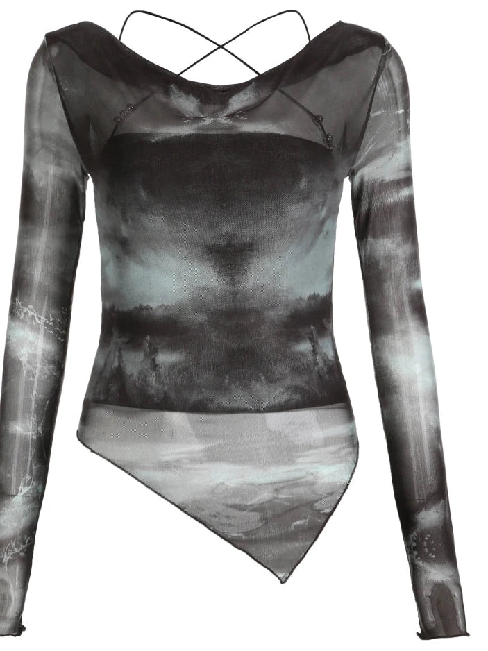 Sheer Mesh Blouse With Flounced Hem Skirt Set