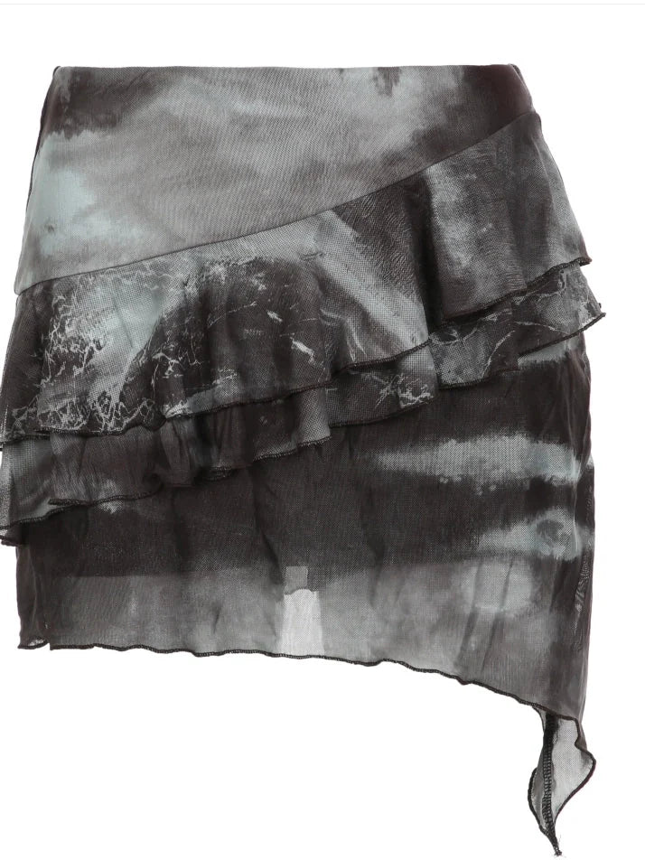 Sheer Mesh Blouse With Flounced Hem Skirt Set