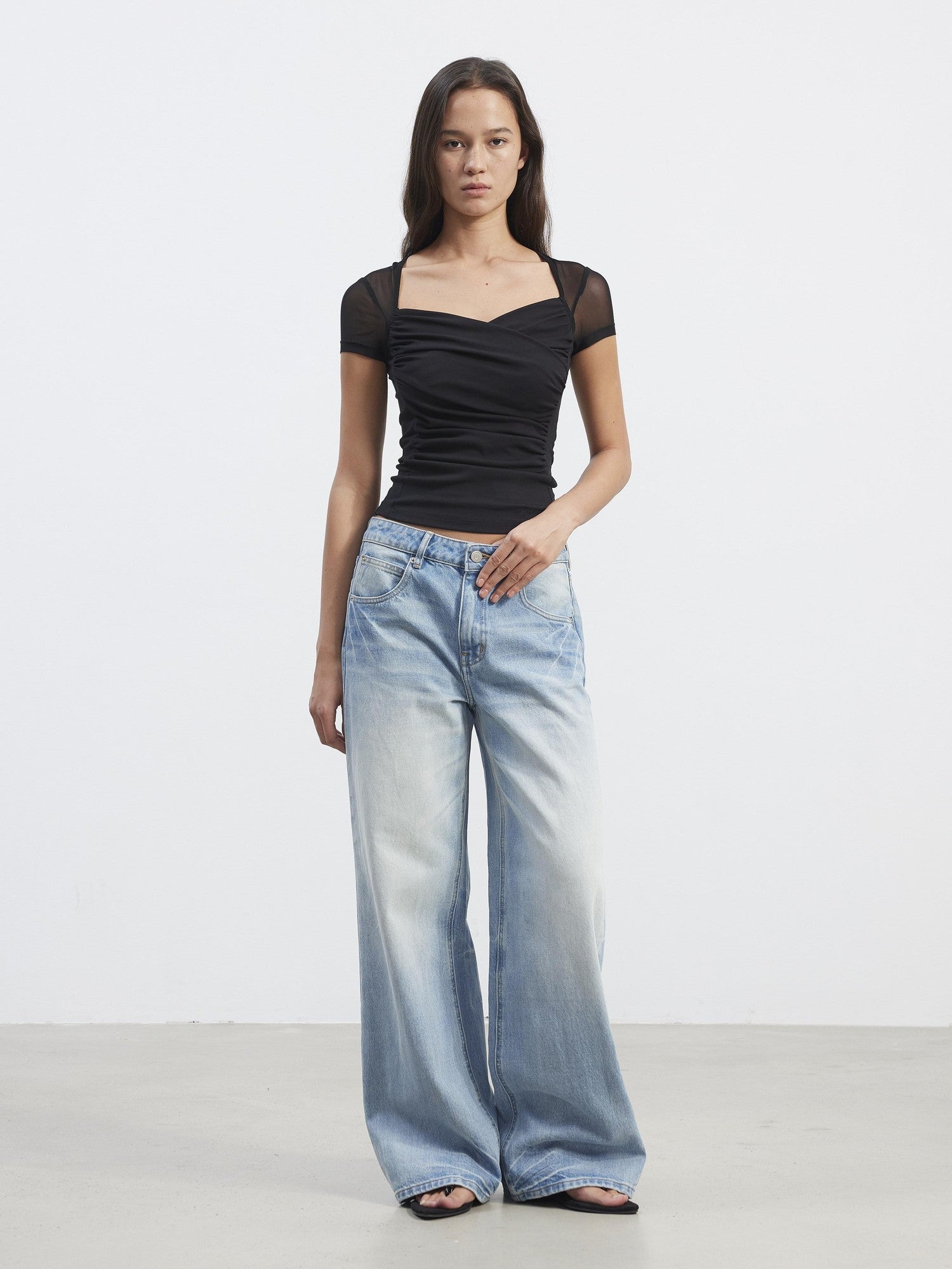 AFTADAWN Sheer Mesh Pleated Faux Two Piece V-neck Women&