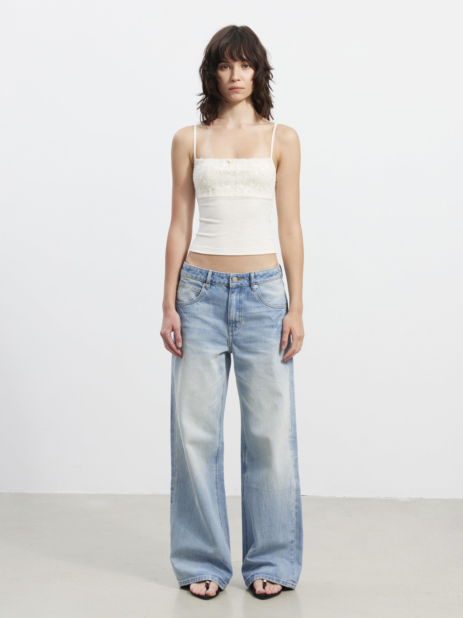 AFTADAWN Shimmer Sequin Embroidered Lace Square Neck Slim Women&