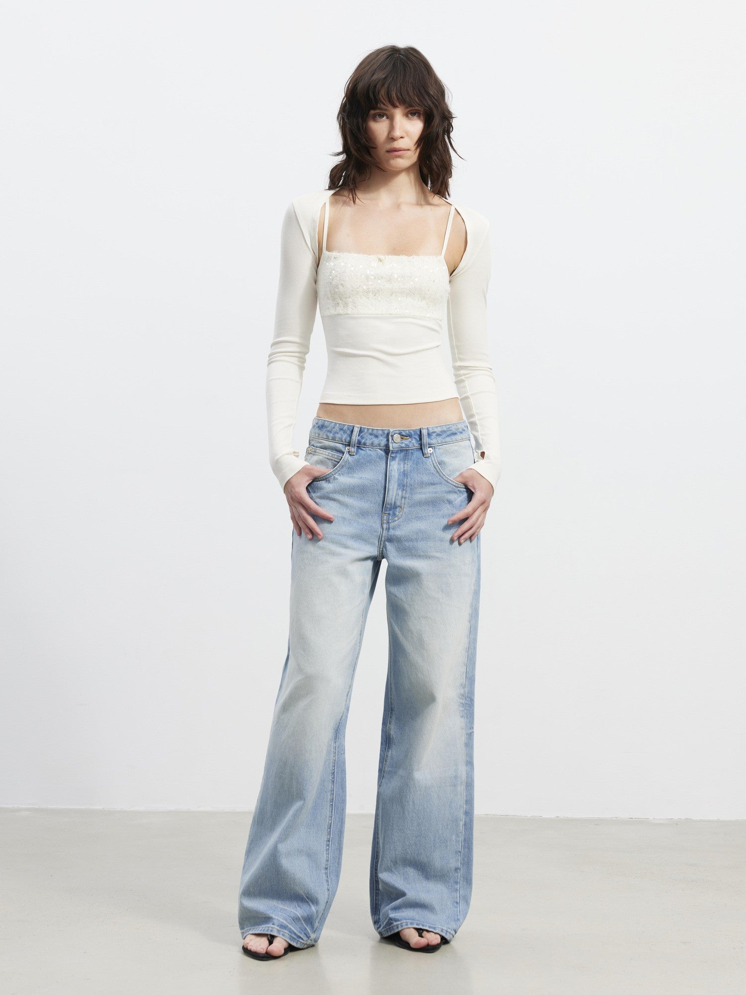 AFTADAWN Shimmer Sequin Embroidered Lace Square Neck Slim Women&