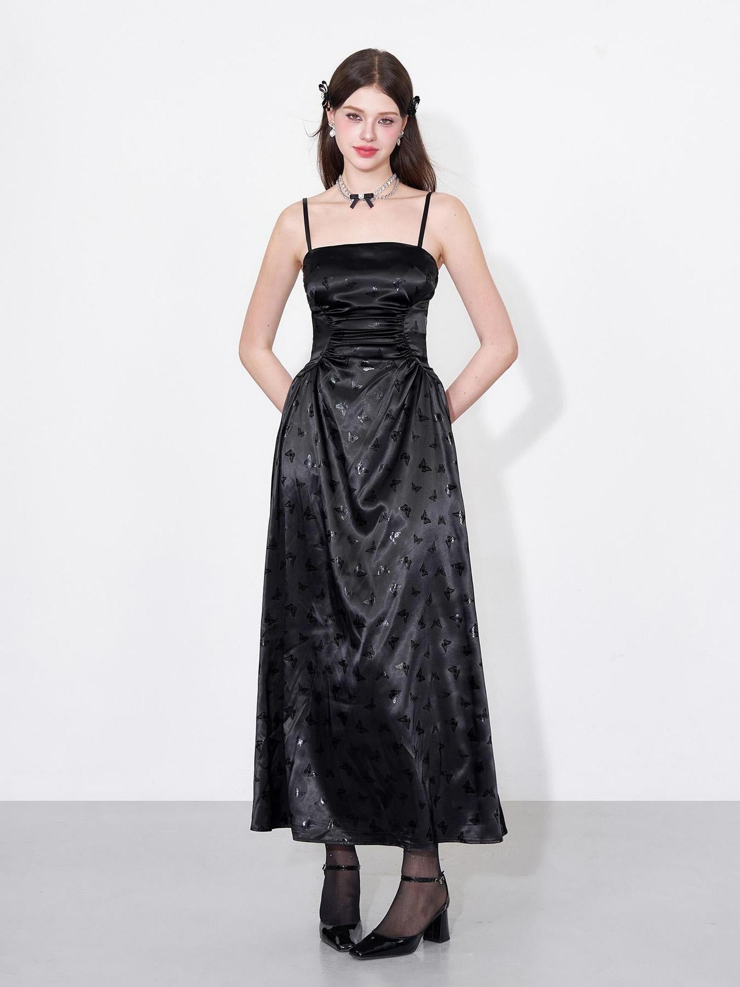 AFTADAWN Shimmering Butterfly Iris Satin V-neck Dress