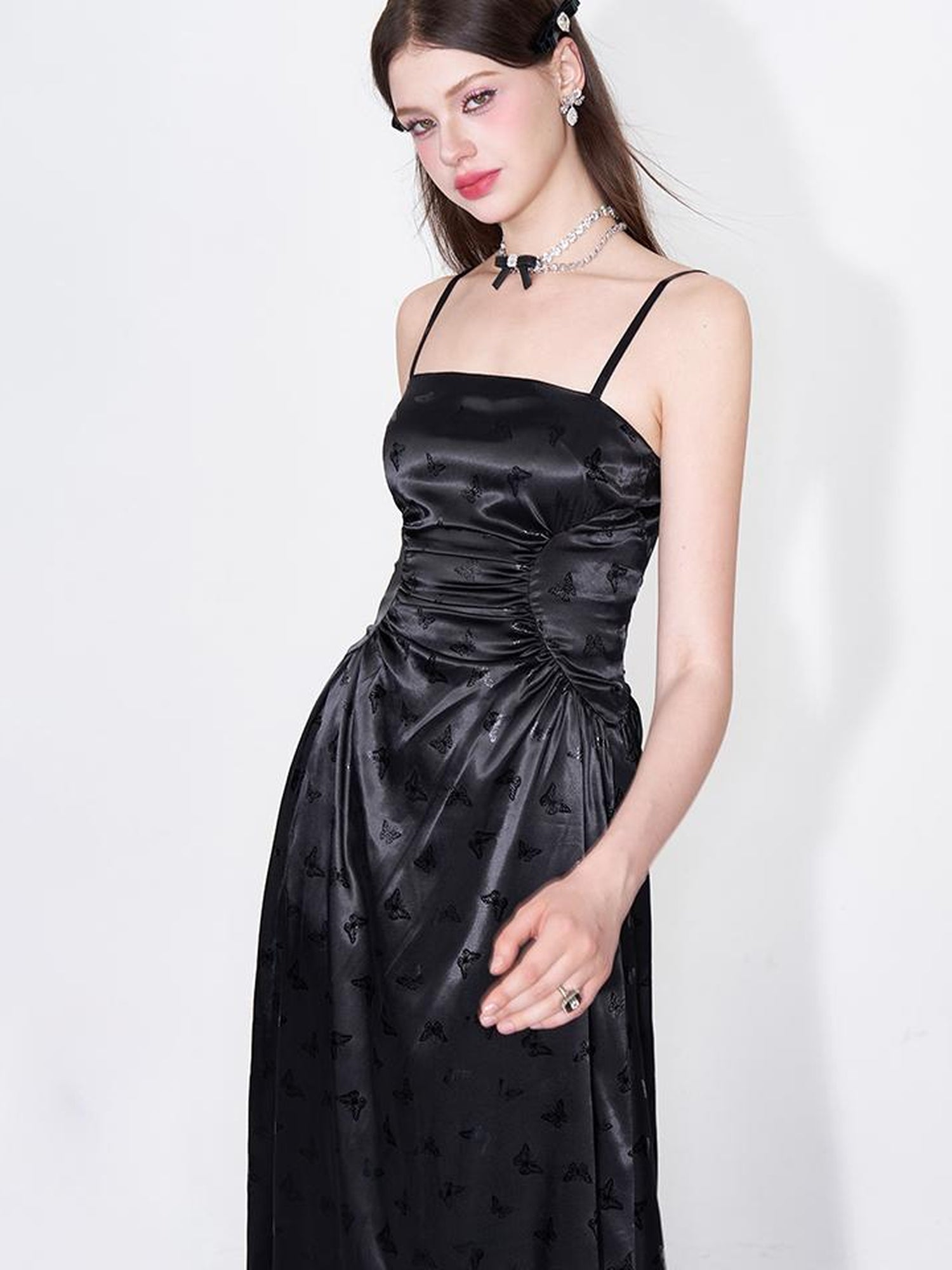 AFTADAWN Shimmering Butterfly Iris Satin V-neck Dress