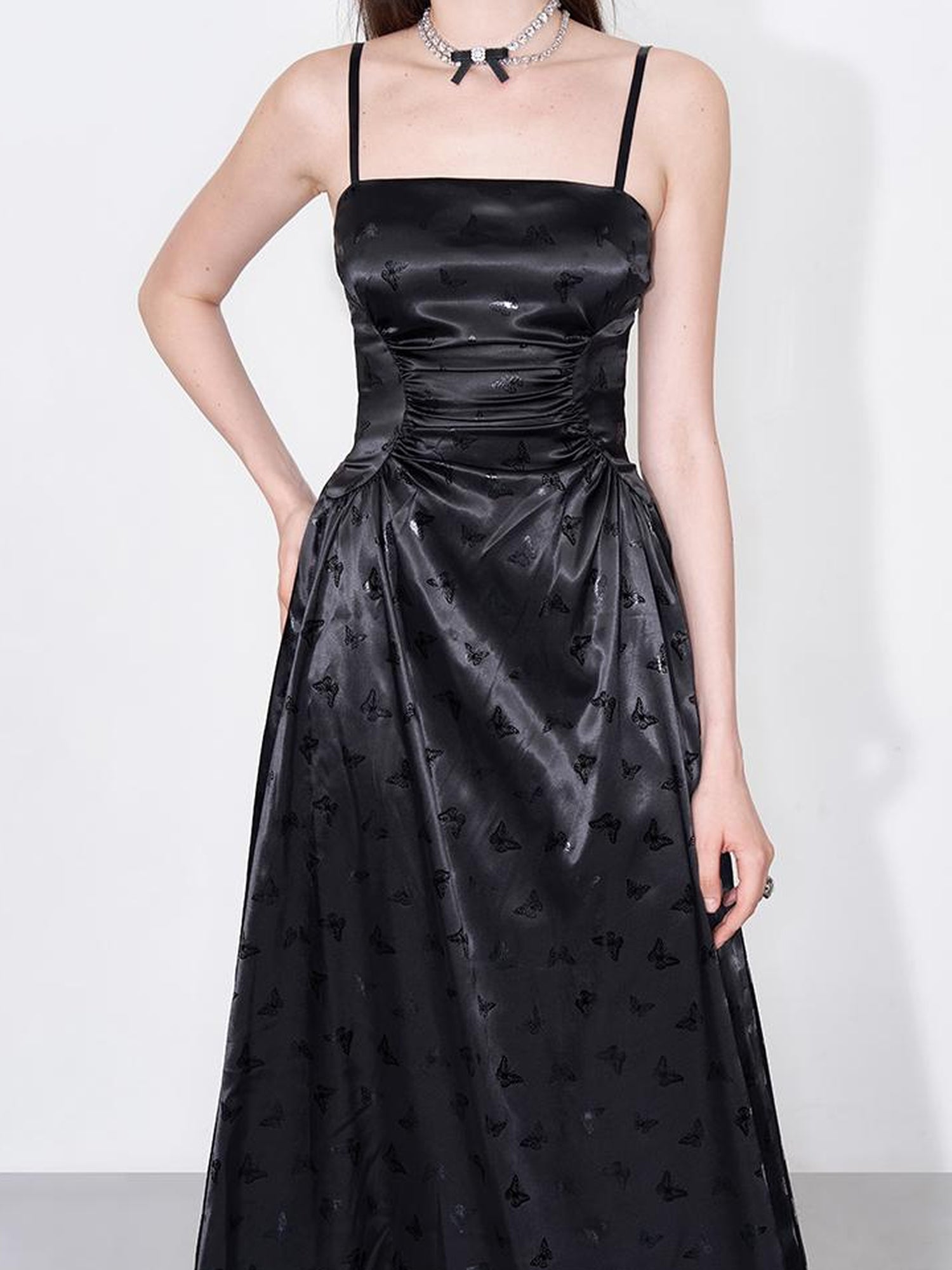 AFTADAWN Shimmering Butterfly Iris Satin V-neck Dress