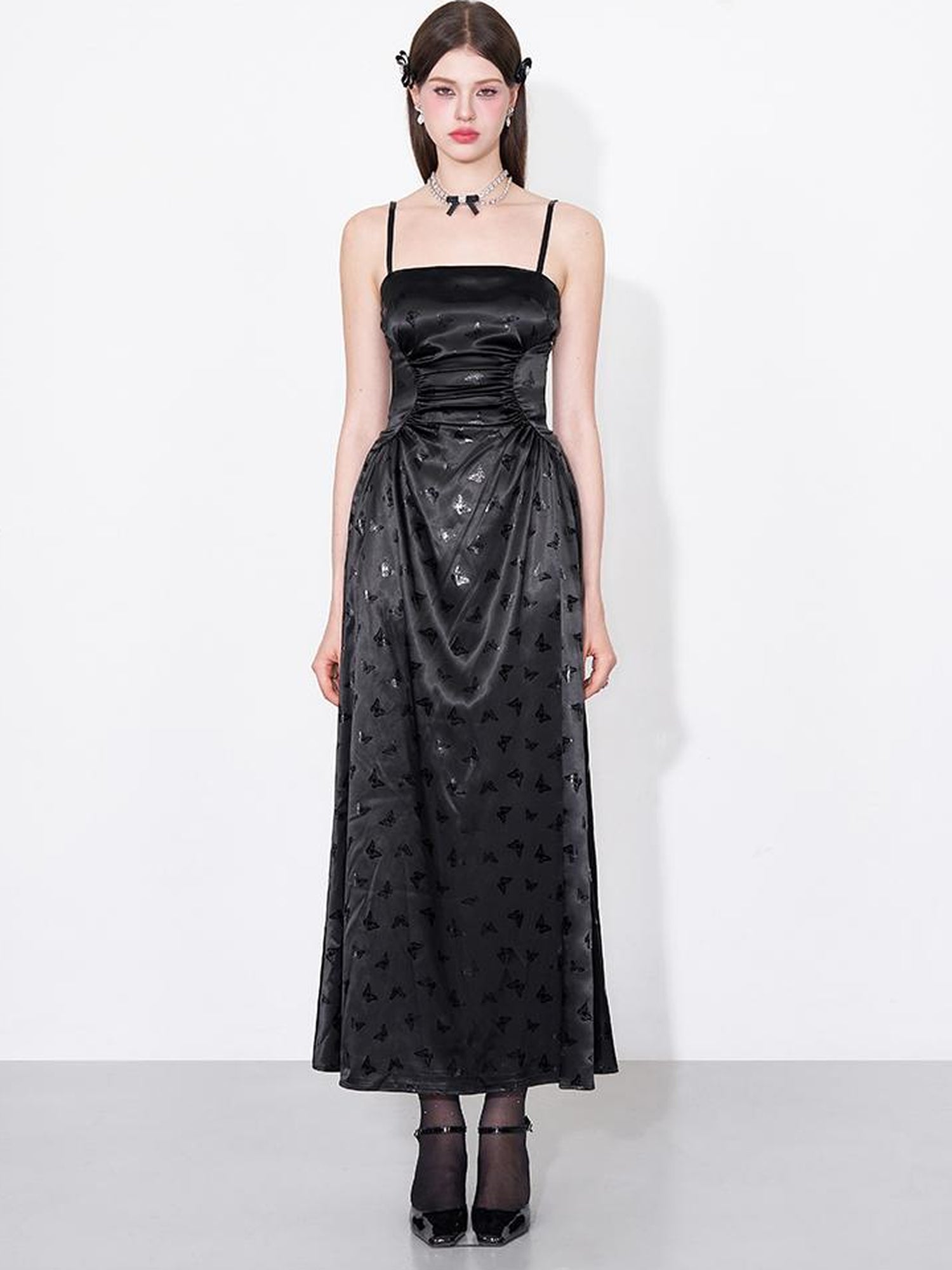 AFTADAWN Shimmering Butterfly Iris Satin V-neck Dress