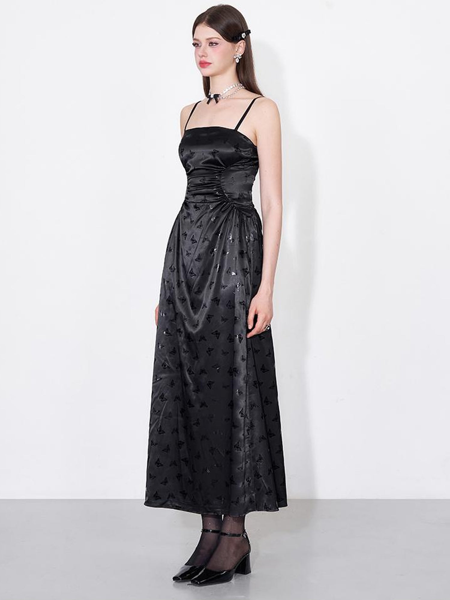 AFTADAWN Shimmering Butterfly Iris Satin V-neck Dress