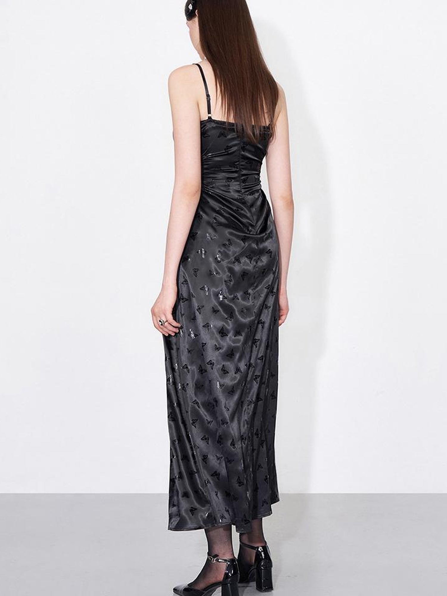 AFTADAWN Shimmering Butterfly Iris Satin V-neck Dress