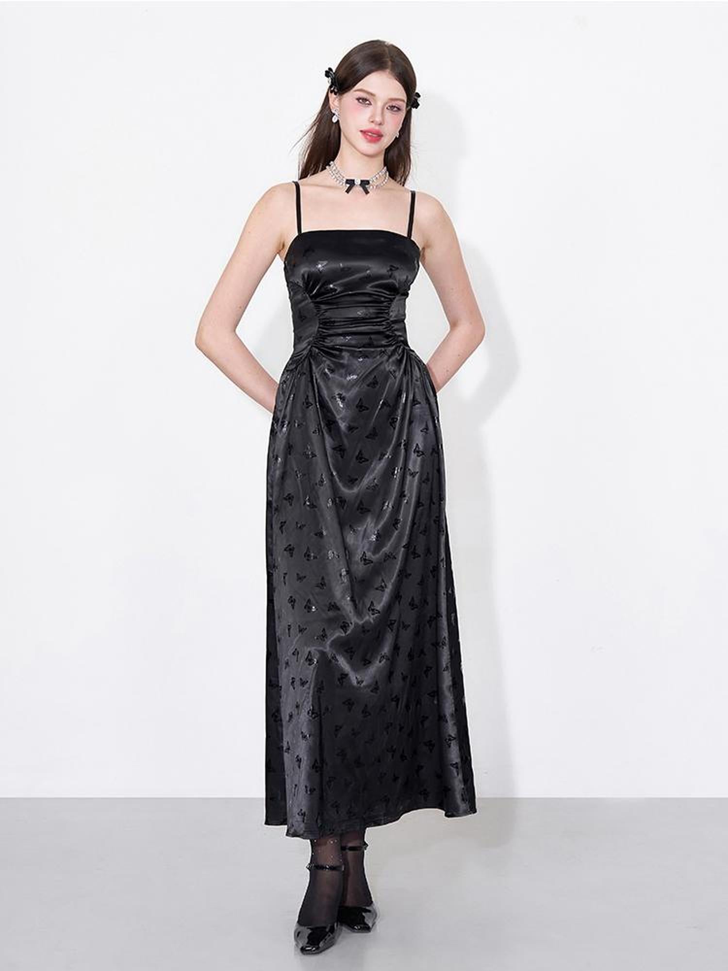 AFTADAWN Shimmering Butterfly Iris Satin V-neck Dress