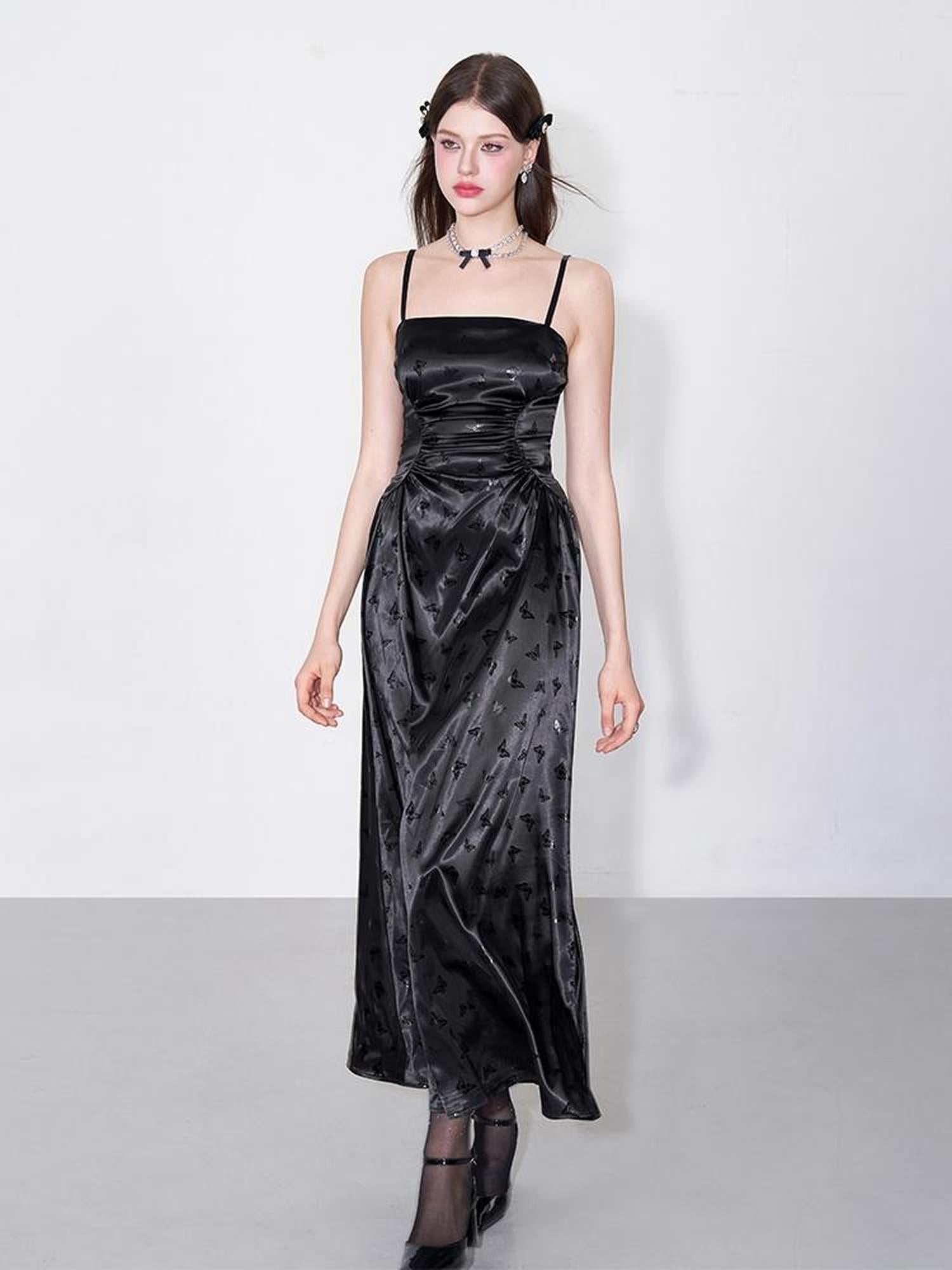 AFTADAWN Shimmering Butterfly Iris Satin V-neck Dress