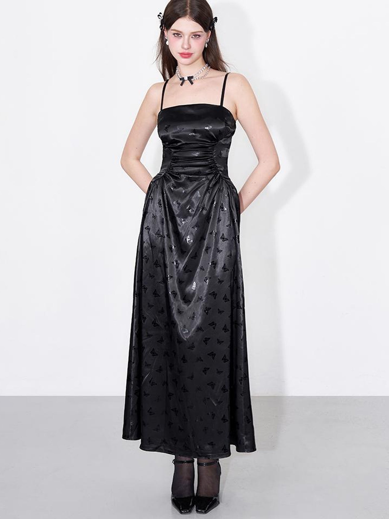 AFTADAWN Shimmering Butterfly Iris Satin V-neck Dress