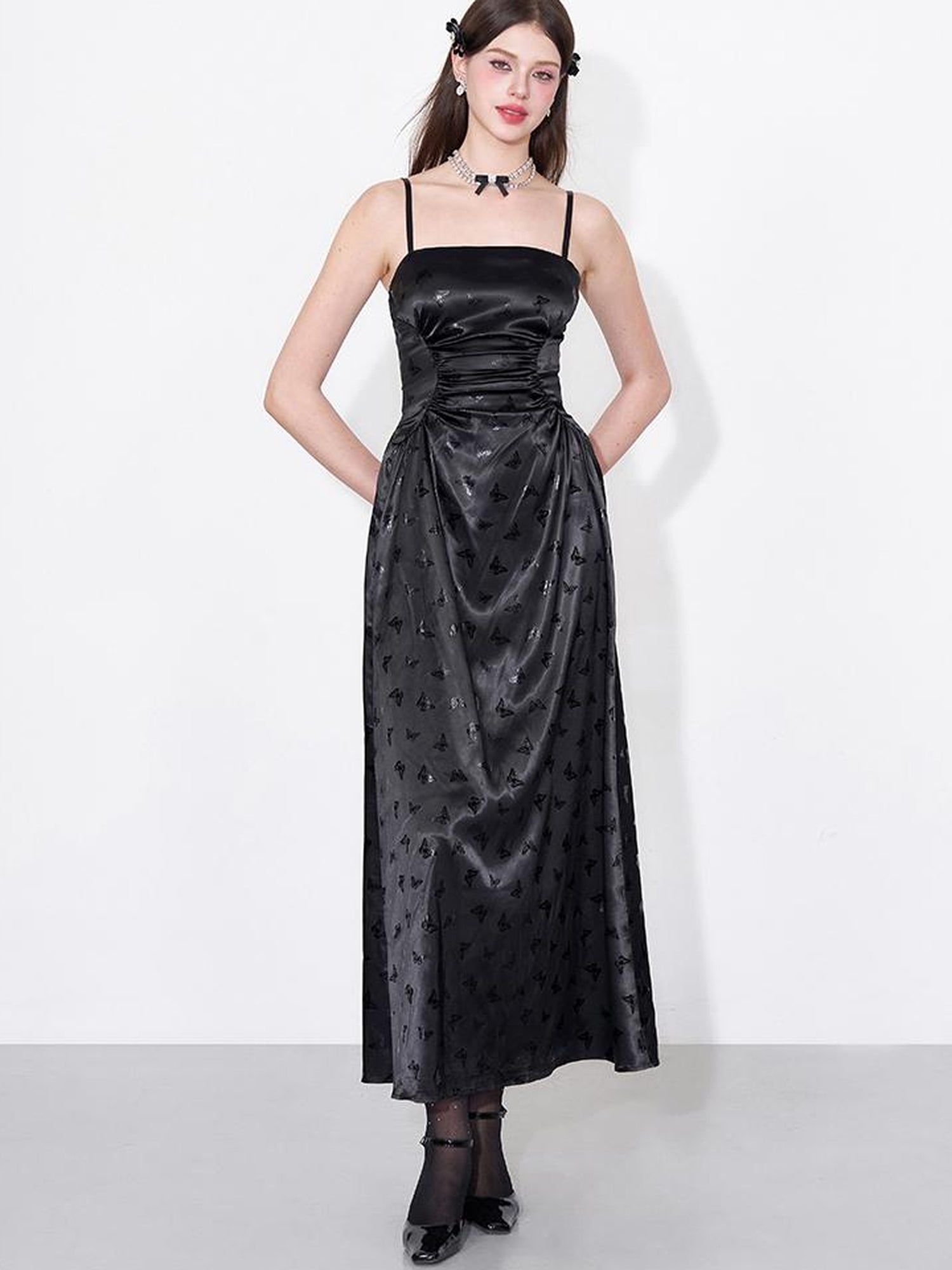 AFTADAWN Shimmering Butterfly Iris Satin V-neck Dress