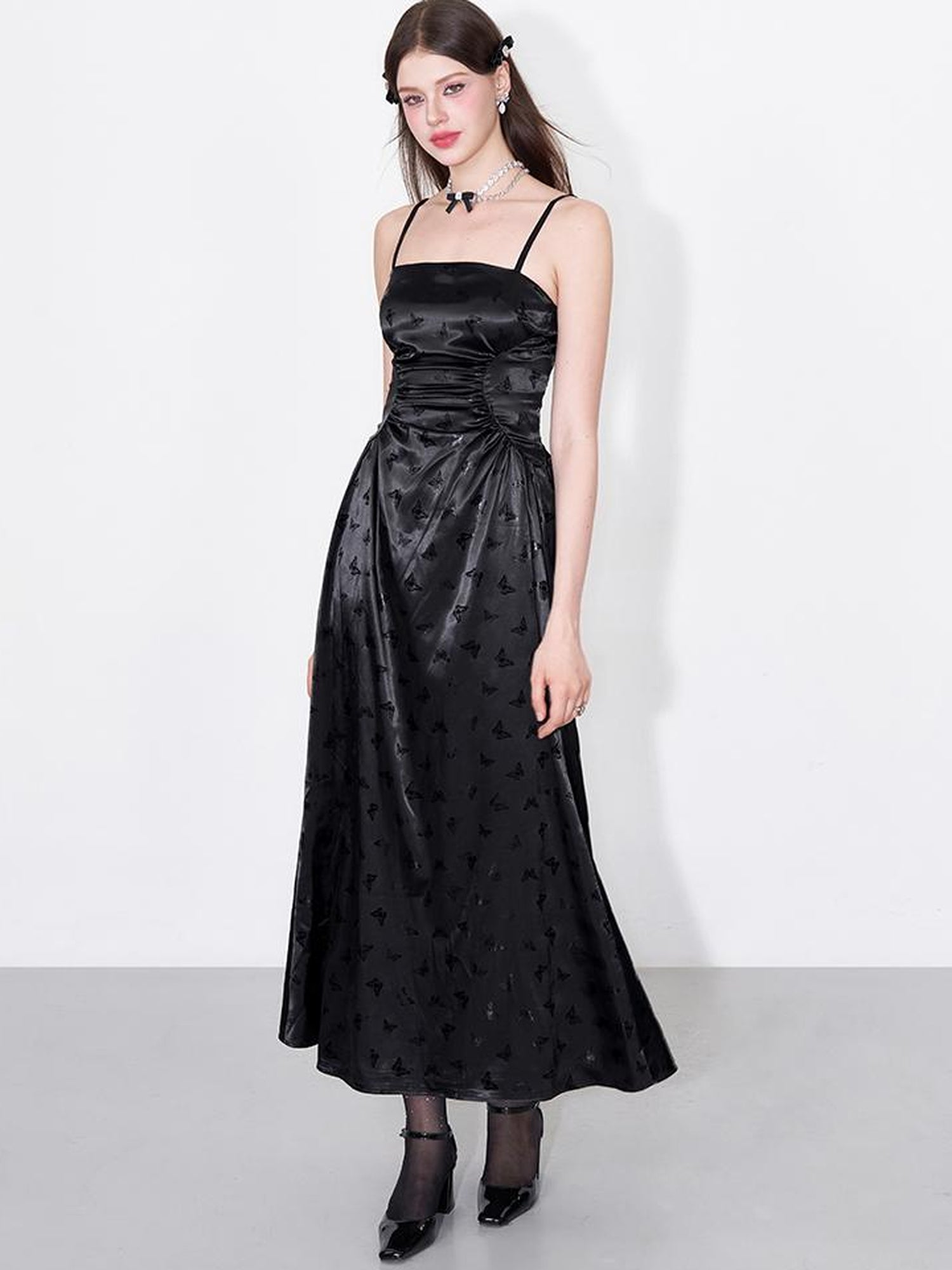 AFTADAWN Shimmering Butterfly Iris Satin V-neck Dress