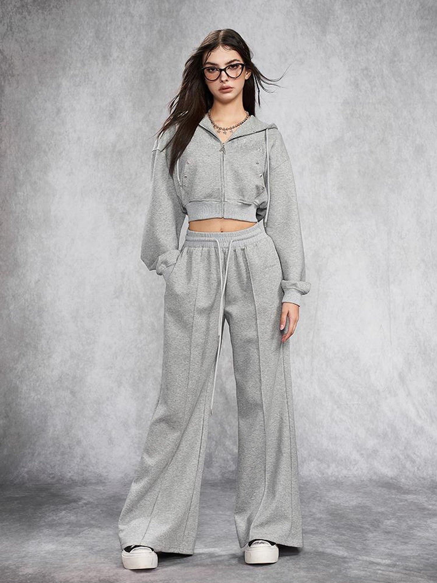 AFTADAWN Short Gray Distressed Studded Oversized Crop Hoodie Skirt Set
