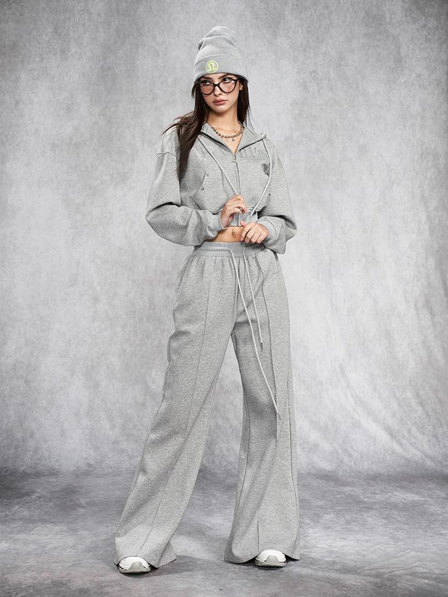 AFTADAWN Short Gray Distressed Studded Oversized Crop Hoodie Skirt Set