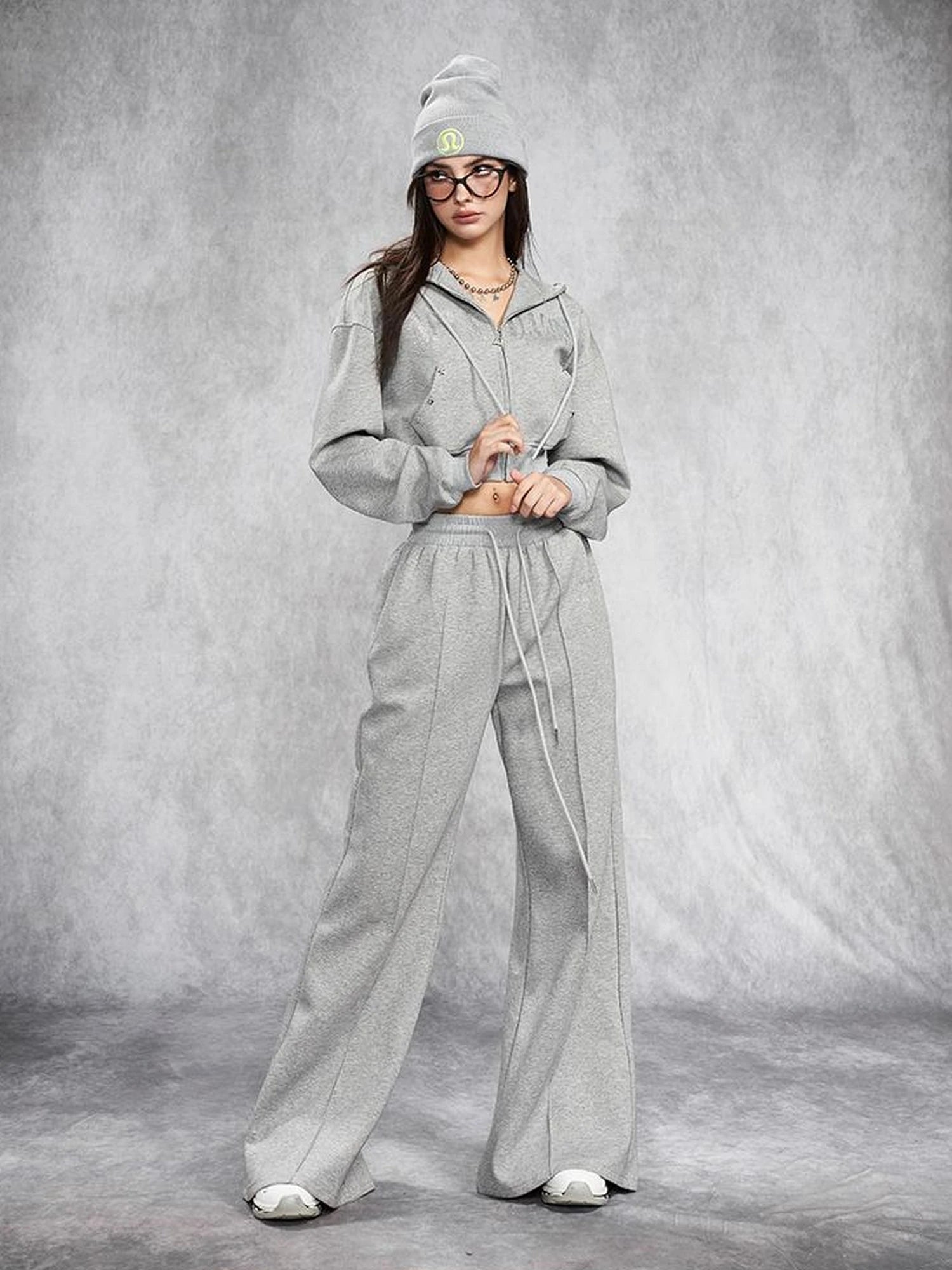 Short Gray Distressed Studded Oversized Crop Hoodie Skirt Set